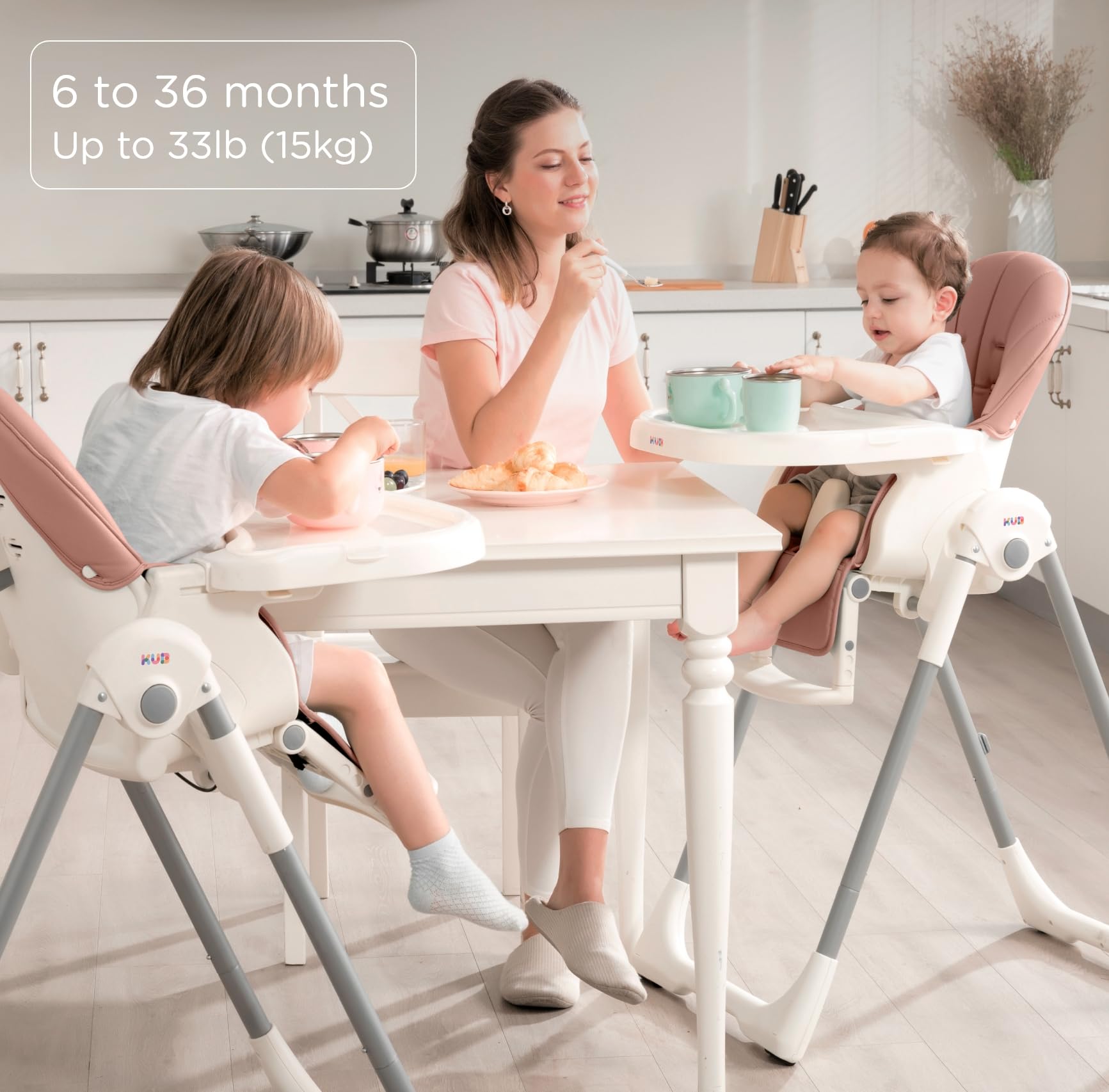 KÜB 3-in-1 Foldable Baby High Chair with 7 Height & 4 Recline Adjustments | Removable Washable Seat & Tray | 2 Locking Wheels | Multi-Functional Infant Highchair for Babies & Toddlers (Pink) | Perfect for Dining, Feeding & Playtime at Home or Travel
