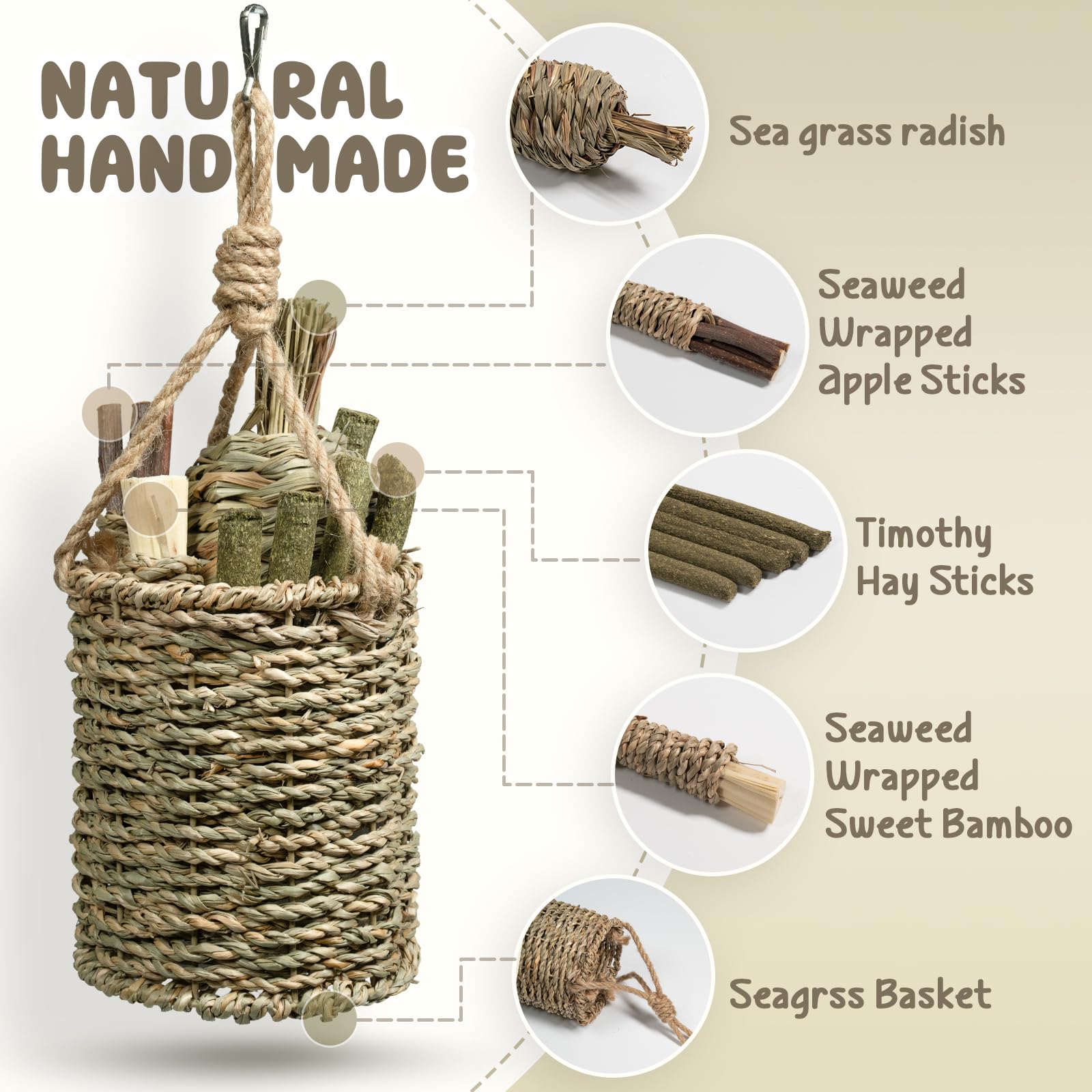 Natural Seagrass Hanging Basket Chew Toy for Rabbits, Chinchillas, Guinea Pigs & Small Pets - Includes Sweet Bamboo, Timothy Hay, Water Plant Radish & Apple Sticks - Perfect for Teeth Grinding, Cage Enrichment & Small Animal Entertainment