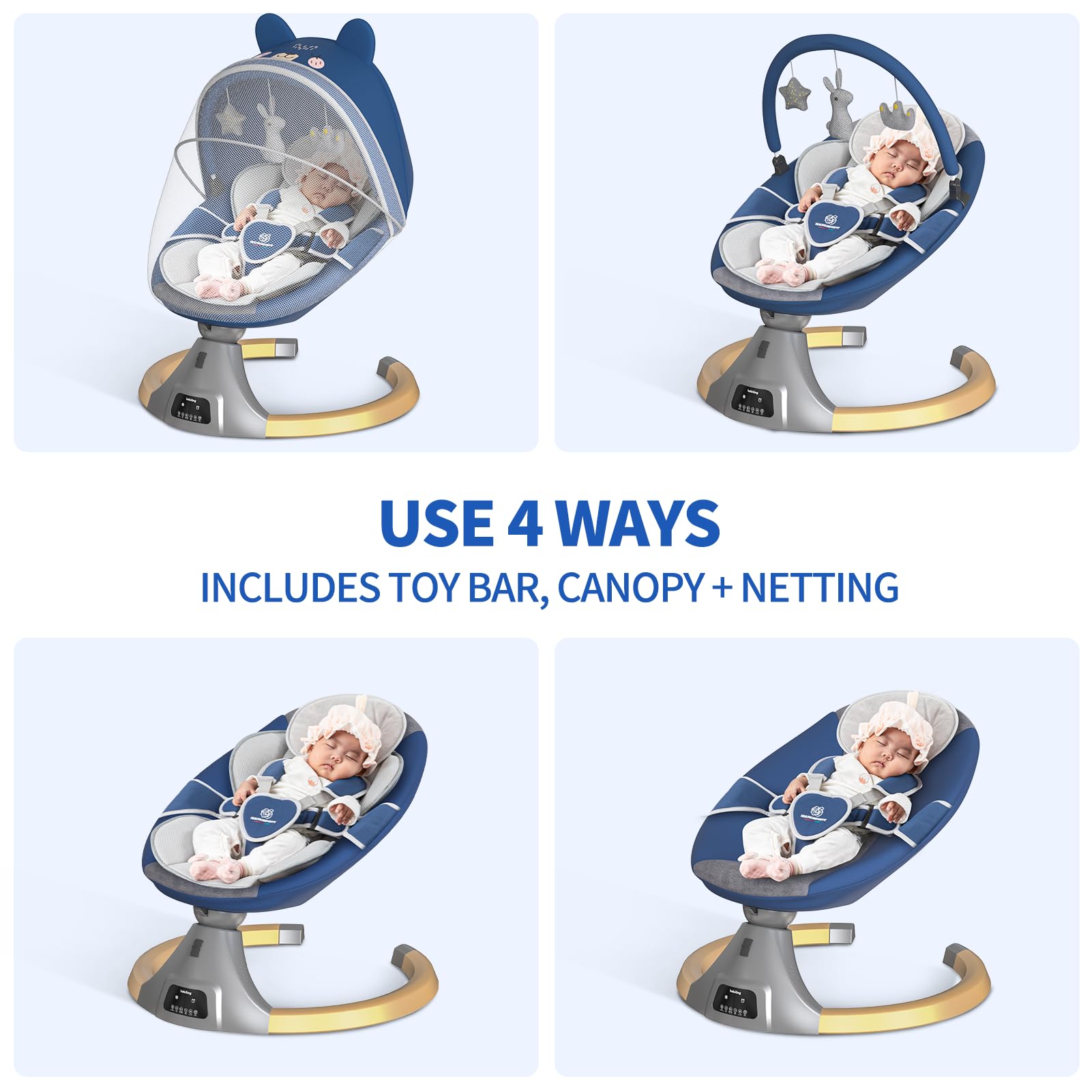 Electric Baby Swing for Infants & Newborns - Portable Rocker Bouncer with 12 Lullabies, 5 Speed Settings, Fitness Rack & Mosquito Net - Perfect for Nursery, Daycare & Travel Use