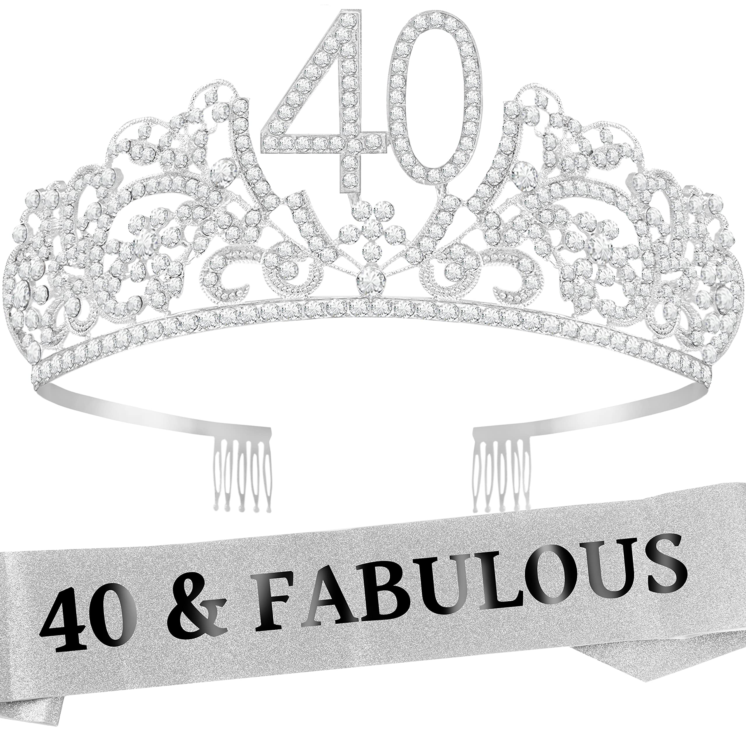 40th Birthday Crown & Sash Set for Women - Elegant Tiara & Glitter Sash - Perfect 40th Birthday Party Decorations & Gifts - Great for Milestone Celebrations, Themed Parties & Photo Props