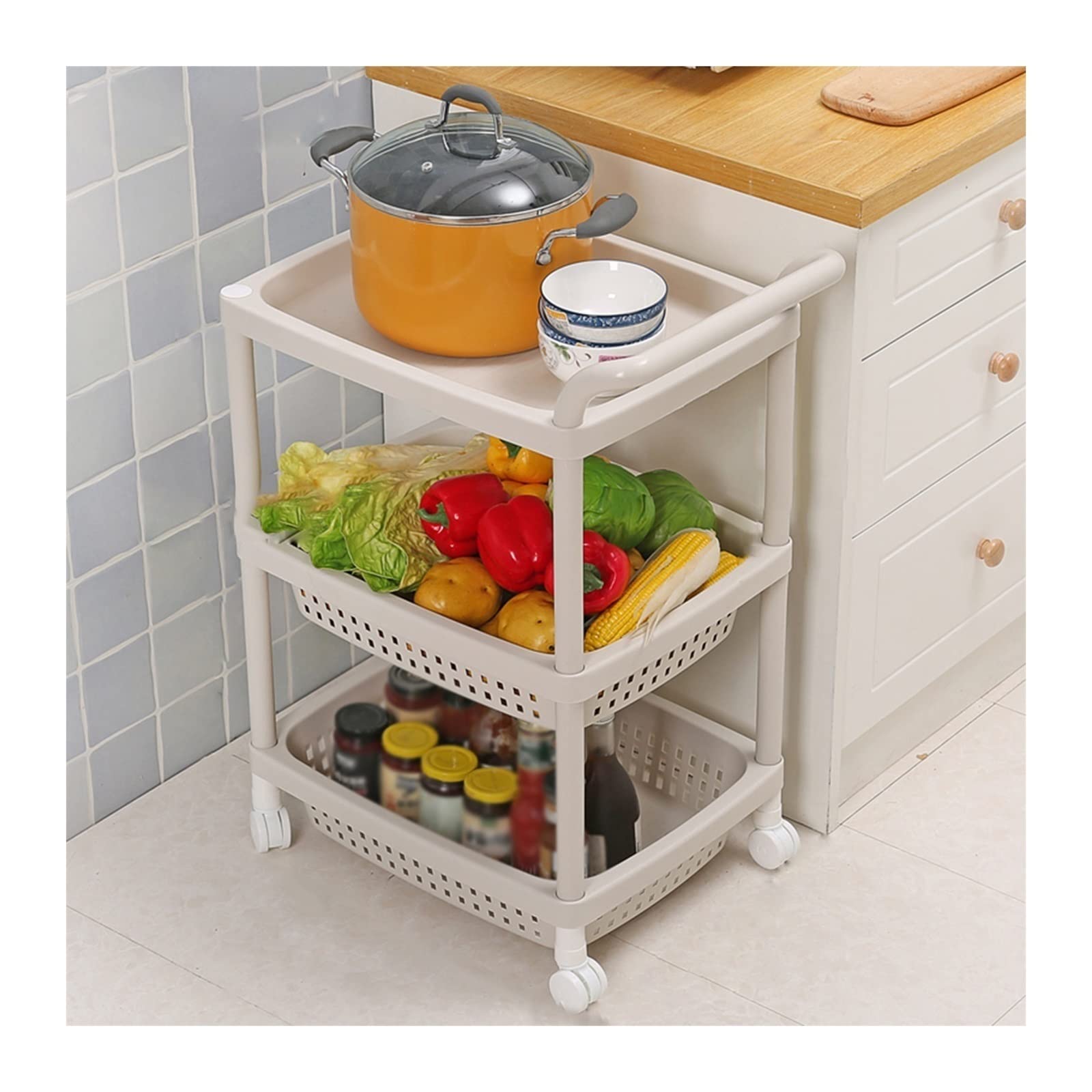 Stackable 3-Tier Kitchen Organizer with Wheels - Multi-Layer Snack, Vegetable & Fruit Storage Basket - Space-Saving Countertop & Floor Trolley for Pantry, Living Room & Bedroom Organization (3 Layers, White)