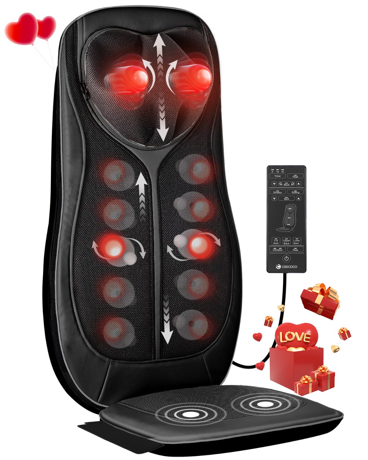 CooCoCo Shiatsu Neck & Back Massager with Heat - Adjustable Kneading Massage Chair Pad for Full Body Relaxation - Perfect Gift for Men & Women - Ideal for Office, Home & Car Use to Relieve Muscle Pain & Stress