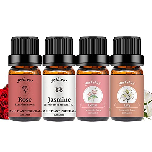 Yethious 4 Pack Pure Organic Essential Oils Set - Rose, Jasmine, Lily & Lotus Aromatherapy Oils for Diffusers, Soap Making, Candles | 100% Natural Fragrance Oils for Relaxation, Spa & Home Scenting