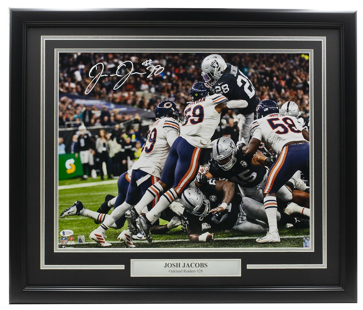 Josh Jacobs Autographed Framed 16x20 Las Vegas Raiders Football Photo with BAS ITP COA - Perfect for Raiders Fans, Sports Memorabilia Collectors & Man Cave Decor