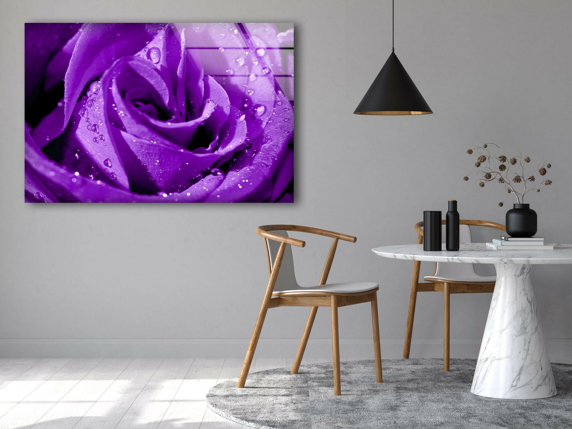 Stunning Purple Rose Glass Wall Art - Handcrafted Home Decor for Living Room, Bedroom & Office - Elegant Floral Design for Gifts & Interior Design