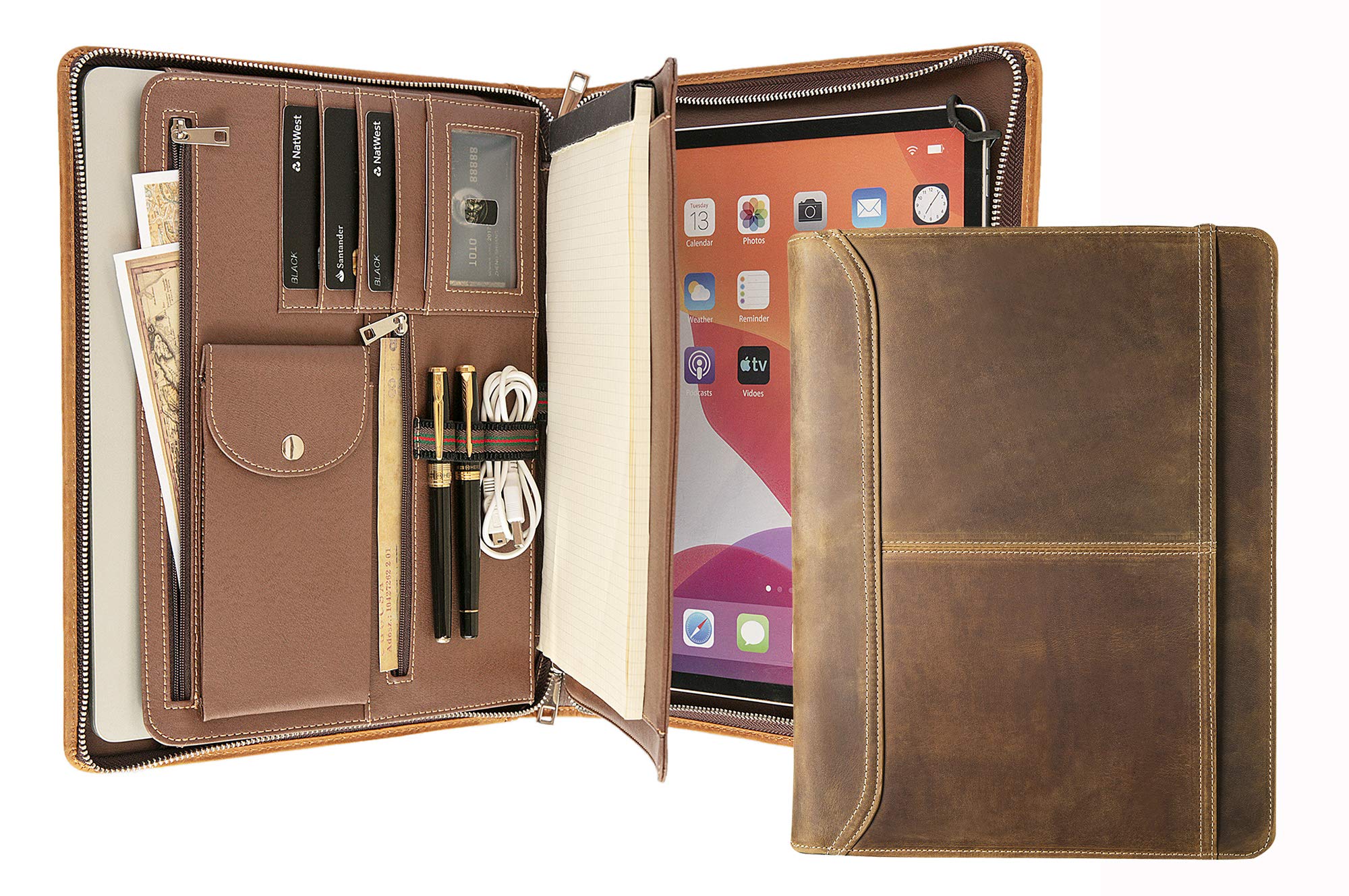 Premium Genuine Leather Portfolio Folder for iPad & Surface Pro 4/5/6/7 - Professional Business Notebook Organizer with Zipper for Men & Women - Perfect Christmas & New Year Gift for Office, Meetings & Presentations