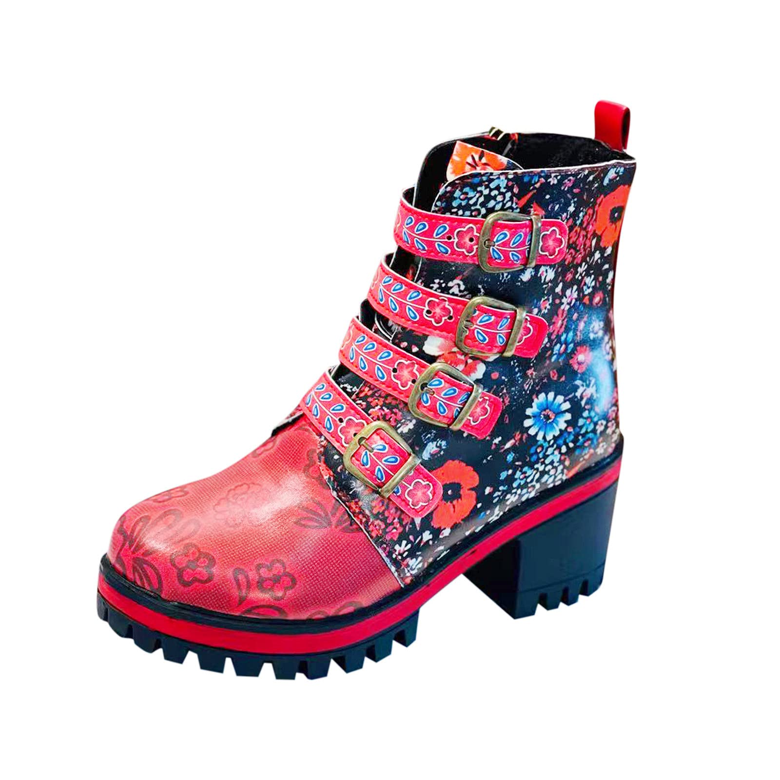 Sexy Women's Ankle Boots with Buckle & Studded Details - Chunky Heel Booties for Women - Fashionable Printed Leather Boots for Casual & Night Out