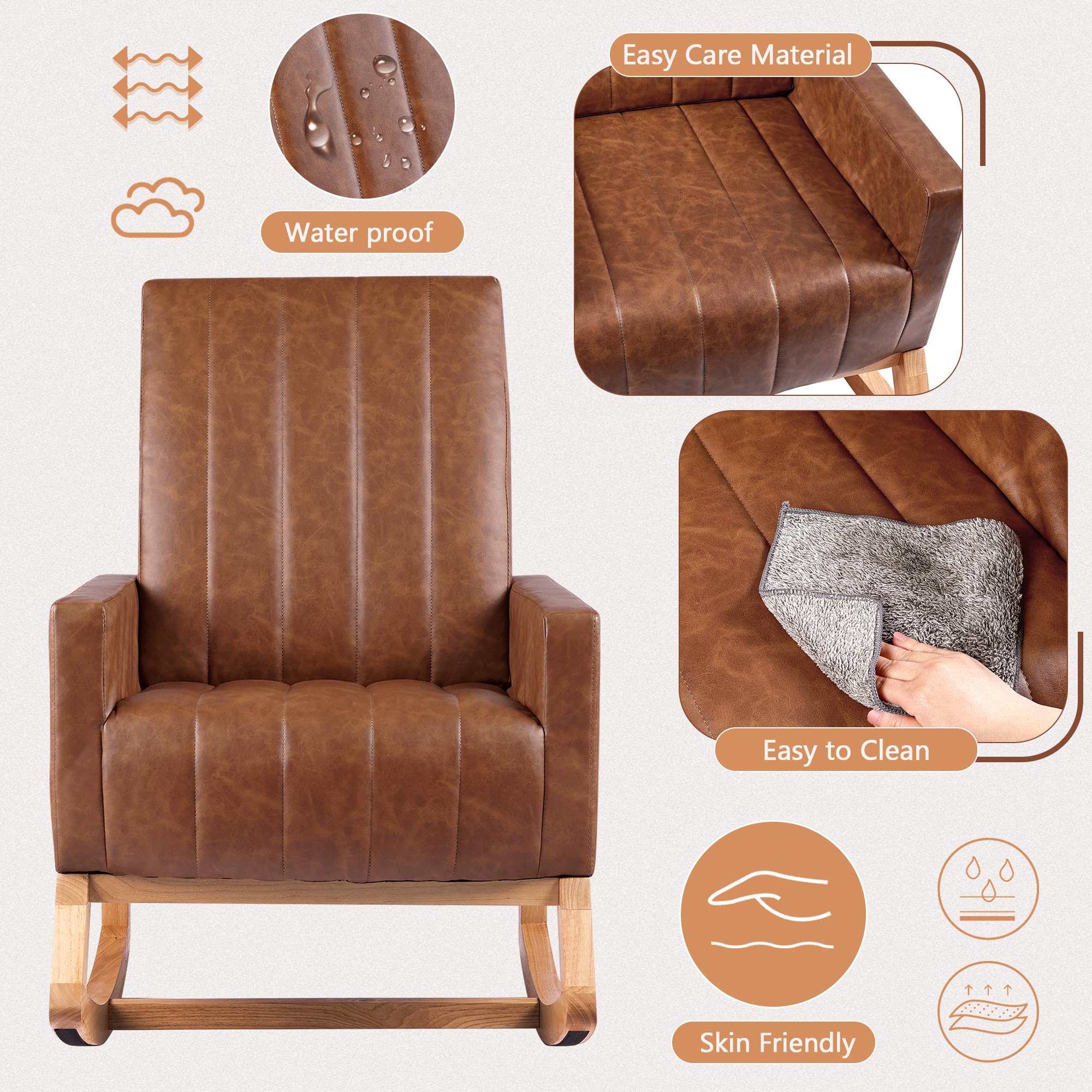 VECELO Modern Leather Rocking Chair with USB Port & Side Pocket - High Back Upholstered Nursery Glider Accent Rocker with Wood Legs for Living Room, Bedroom, Nursery - Perfect for Nursing, Relaxing & Reading (Brown)