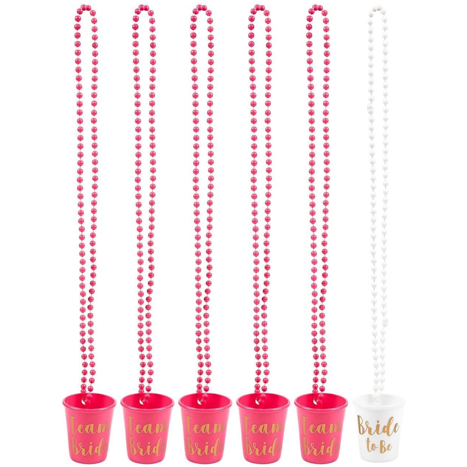 Sparkle and Bash 6-Pack Bachelorette Party Shot Glass Necklaces - Plastic Beaded Bridal Party Accessories for Bride & Bridesmaids - Hot Pink & White with Gold Lettering - 30.4 Inch Long - Perfect for Wedding Showers, Girls Night Out & Bachelorette Parties