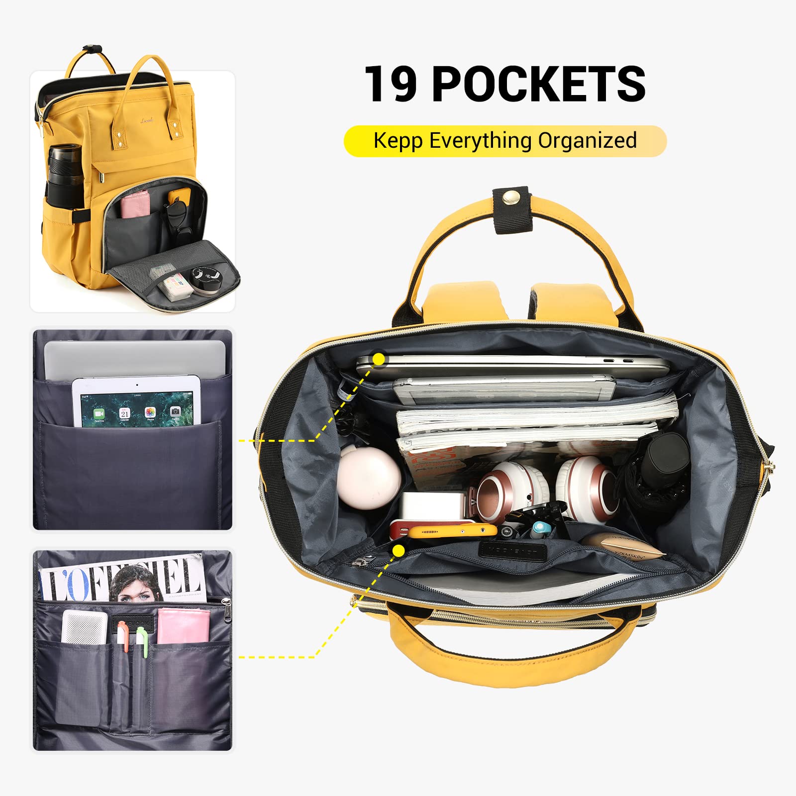 LOVEVOOK 15.6 Inch Anti-Theft Waterproof Laptop Backpack for Women - College, Travel & Work Backpack for Students, Teachers & Nurses - Perfect Gift for Women (Yellow) - Ideal for School, Commuting & Business Trips