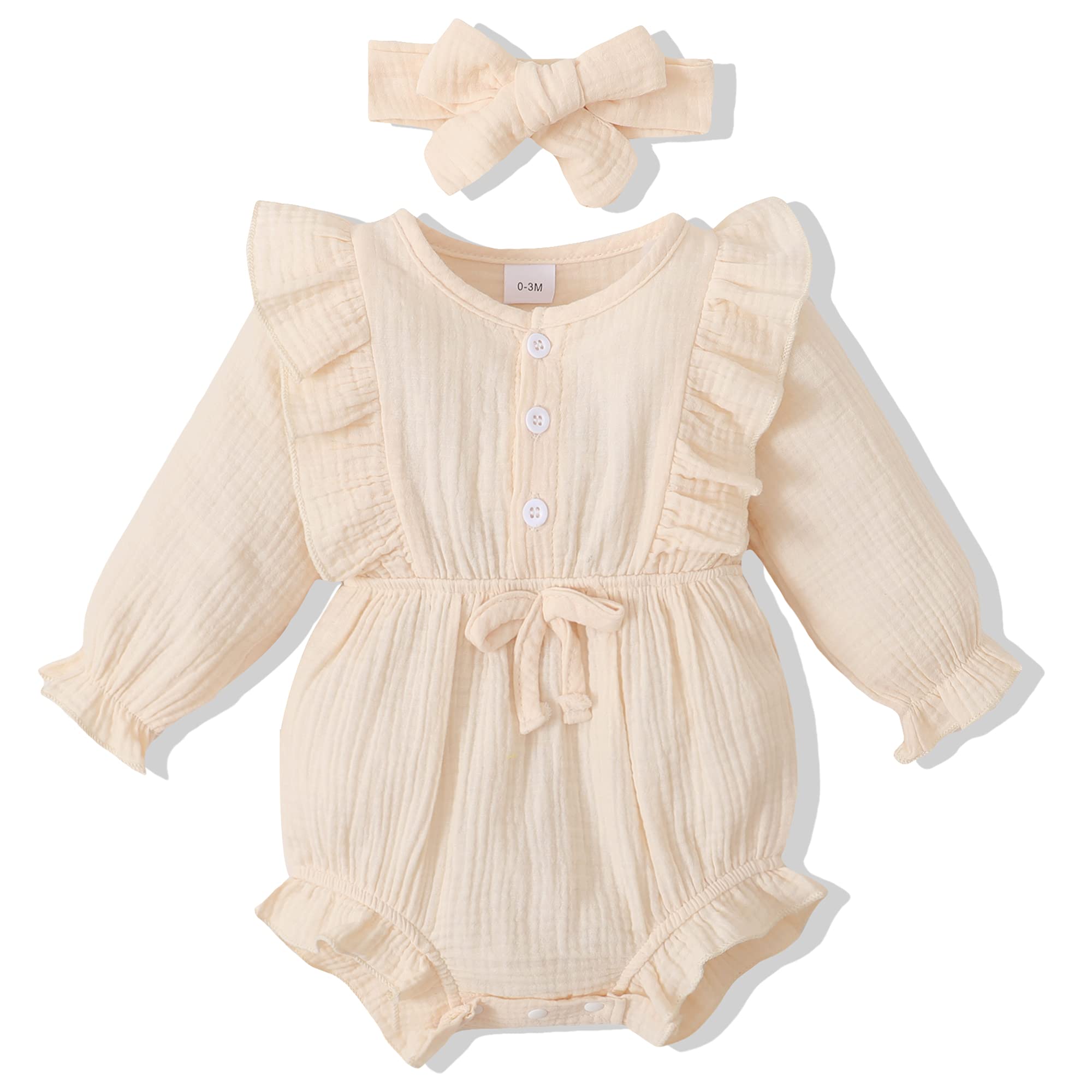 Renotemy Newborn Baby Girl Clothes - Soft Cotton Linen Romper with Ruffle Detail | Cute Solid Color Jumpsuit for Infants 0-24 Months | Perfect for Photoshoots, Playdates & Special Occasions