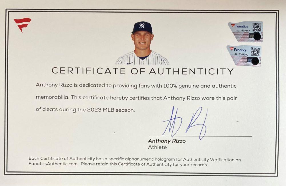 Anthony Rizzo Autographed 2023 Game Used Yankees Nike Cleats - Dual Signed Baseball Cleats for Collectors & Fans - Perfect for Memorabilia Displays & Yankees Fan Gifts
