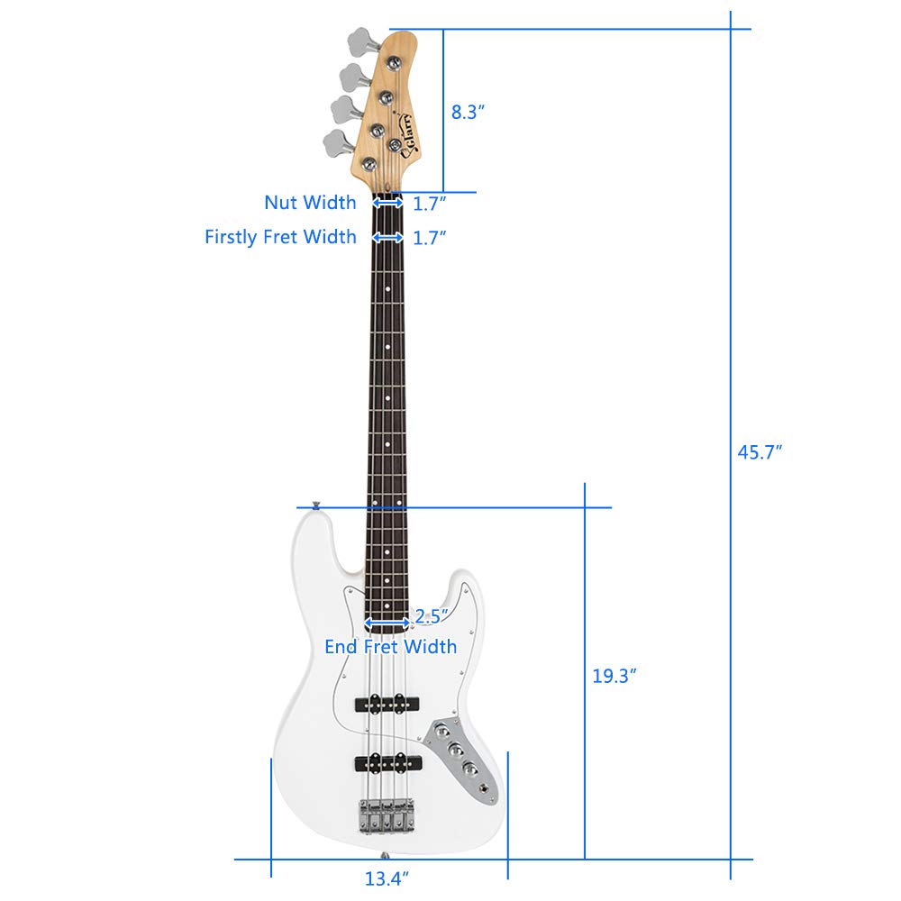 Glarry Gjazz 4-String Electric Bass Guitar Full Size Beginner Kit - Right Handed with Shoulder Strap, Wrench Tool, Power Cable & Gig Bag (White) - Perfect for Practice, Live Performances & Studio Recording