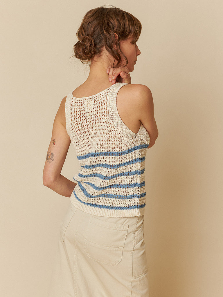 Indi & Cold Crochet Top Women's Boho Lace Summer Blouse - Ecru & Indigo Handmade Cotton Cropped Shirt for Beach, Music Festivals & Casual Outings