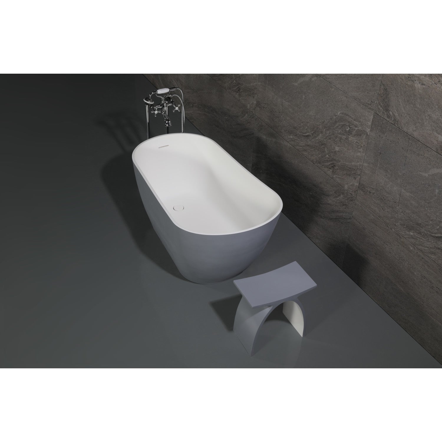 Arcticstone 52 Inch Freestanding Oval Bathtub - VRTSS513026WG Solid Surface Slipper Tub with Drain in Glossy White/Matte Gray | Modern Bathroom Luxury for Spa-Like Relaxation