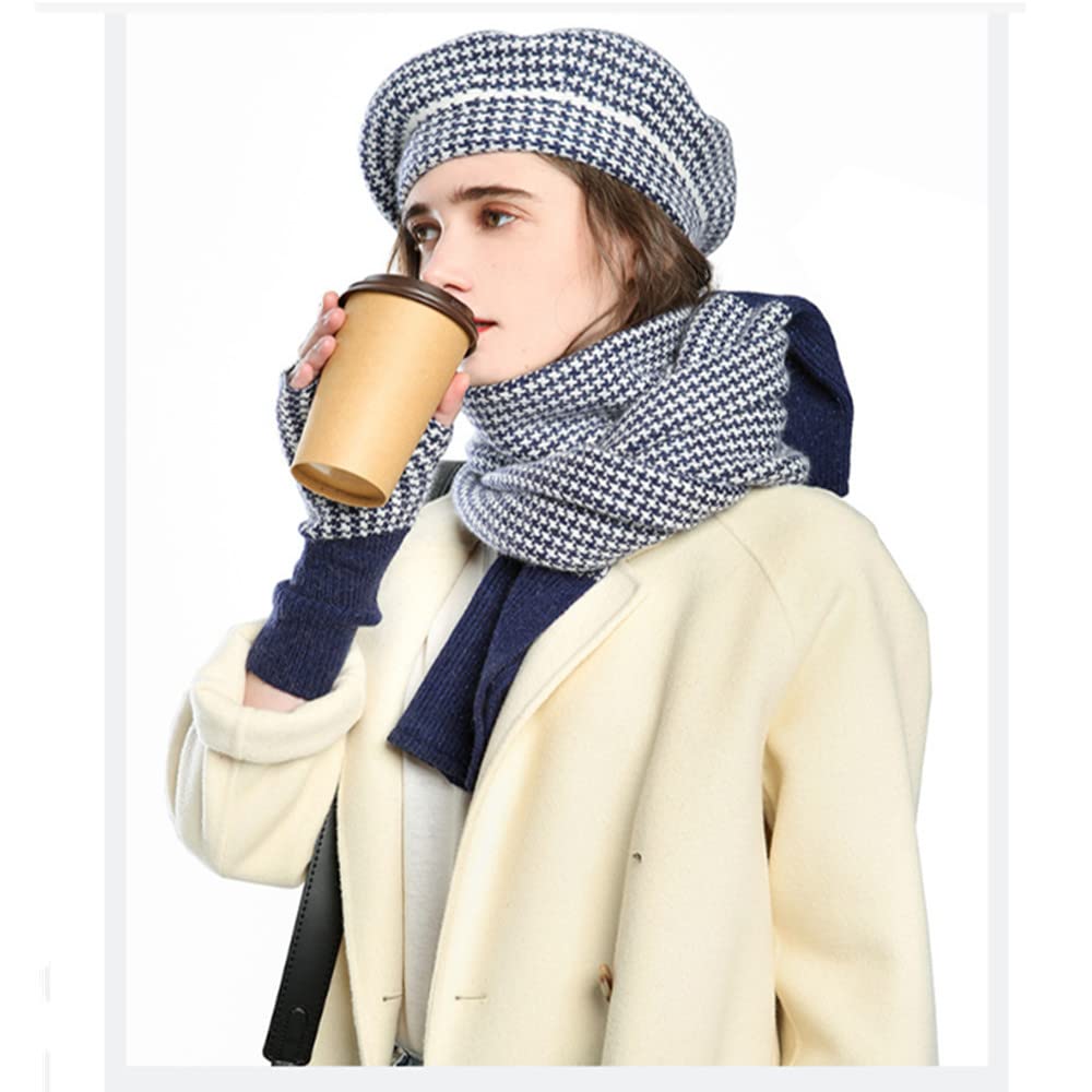 Luxury Cashmere Hat, Gloves, and Scarf Set for Women - Soft Winter Plaid Accessories in Navy Blue | Perfect for Cold Weather, Outdoor Activities & Holiday Gifts