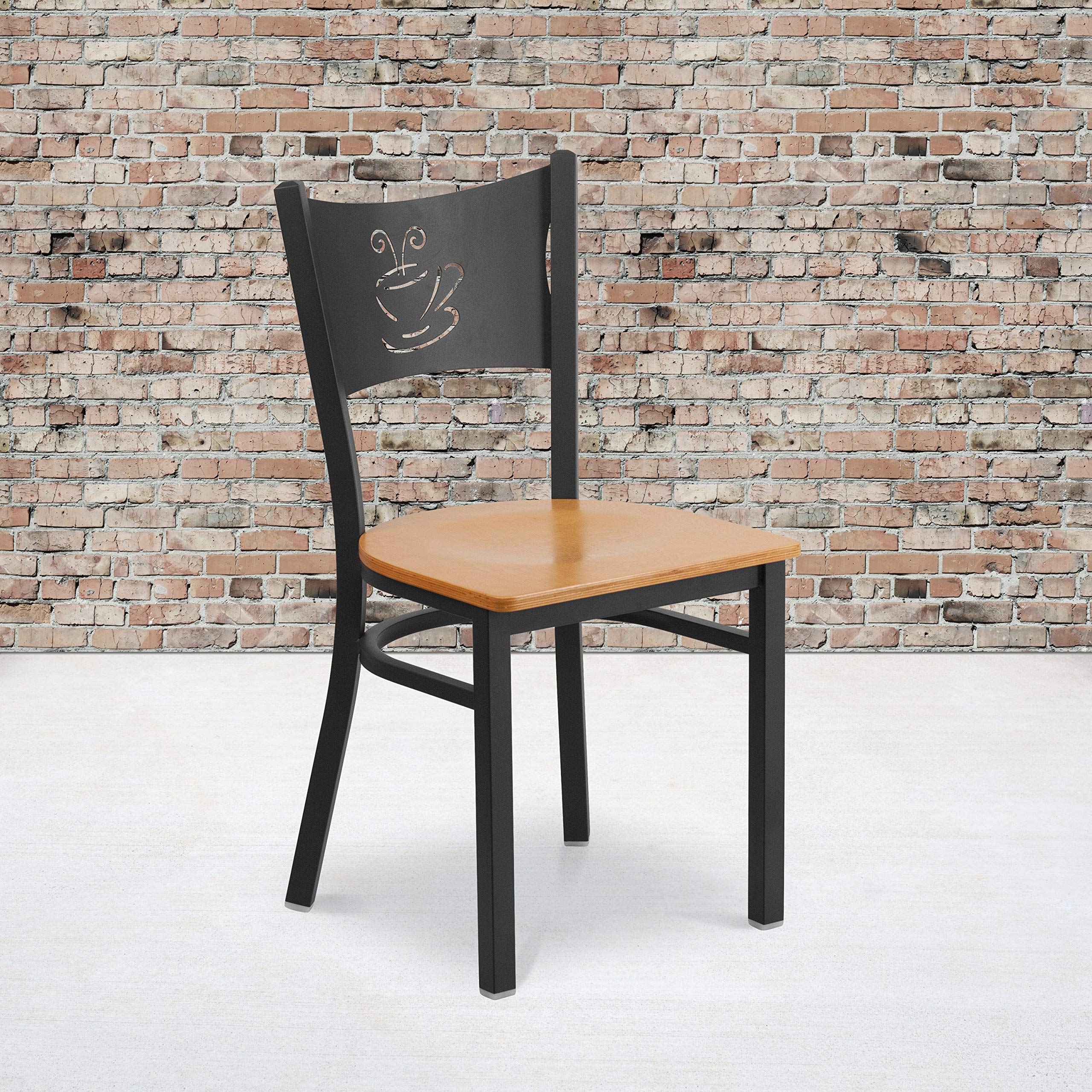 EMMA + OLIVER Black Coffee Metal Restaurant Chair with Natural Wood Seat - Modern Cafe Bistro Dining Chairs for Restaurant, Coffee Shop, and Home Kitchen Use