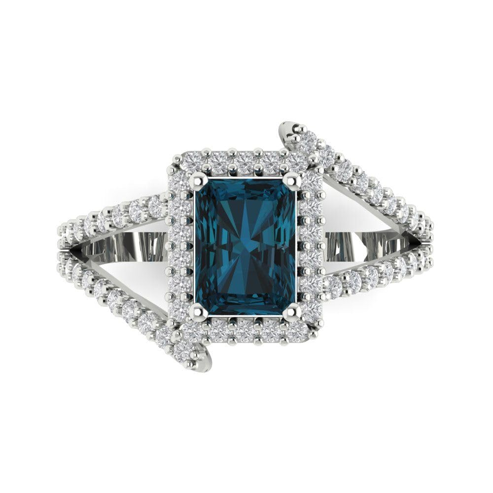 2.10 Carat Emerald Cut Solitaire Halo Criss Cross Natural London Blue Topaz Engagement Ring in 14K White Gold - Perfect for Anniversary, Bridal, Wedding & Proposal Gifts