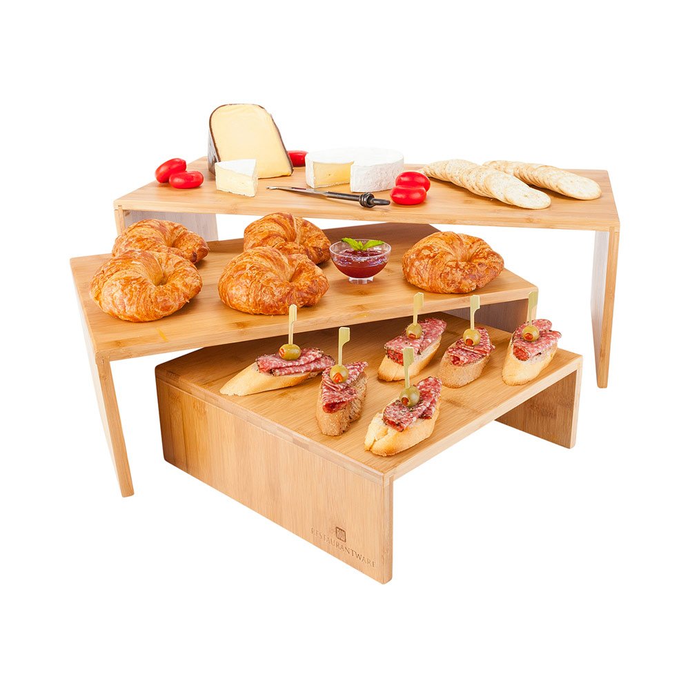 Restaurantware 12 x 24 x 8 Inch Wooden Shelf Riser - 3-Tier Durable Display Stand for Themed Parties, Birthday Events, Restaurants & Catering | Perfect for Buffet Serving, Dessert Displays & Retail Merchandising