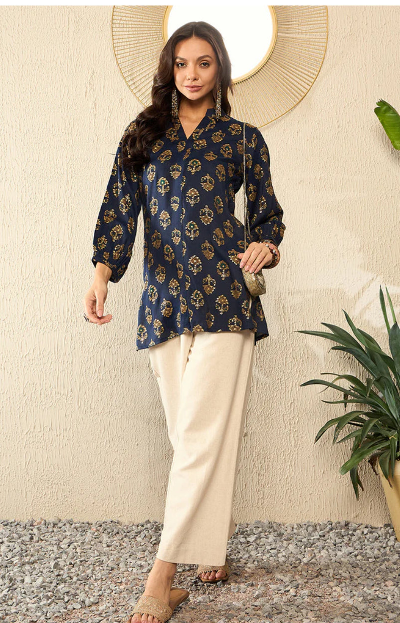 Stylish Blue Cotton Blend Floral Printed Indian Kurti Tunic Top for Women | Comfortable & Fashionable Ethnic Wear | Perfect for Festivals, Parties & Casual Outings
