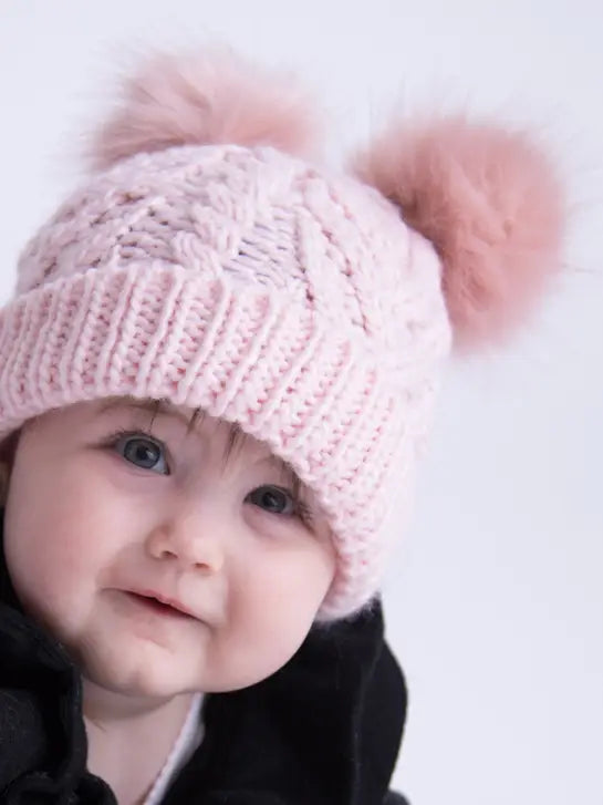 Blush Pink Fluffer Beanie Hat for Women - Soft Winter Knit Hat with Pom Pom - Warm Fleece Lined Cute Beanie for Cold Weather, Outdoor Activities & Fashion Accessories