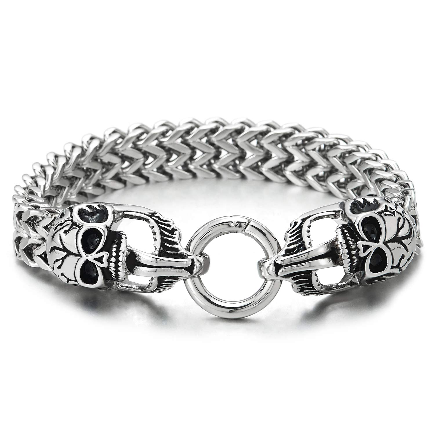CoolSteelAndBeyond Men's Vintage Skull Bracelet - Stainless Steel Franco Chain with Teeth & Tongue Design, Spring Ring Clasp - Perfect for Gothic Fashion, Punk Style & Biker Accessories