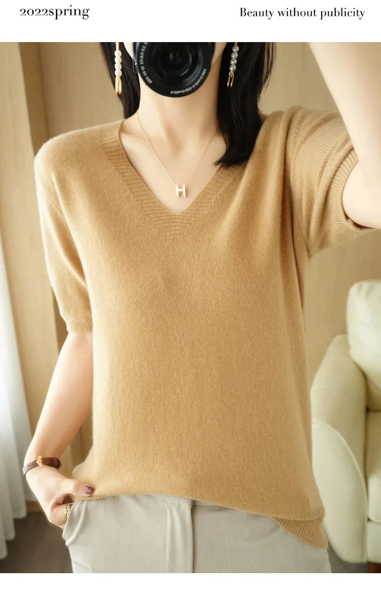 Solid Color V-Neck Half-Sleeve Cashmere Sweater for Women - Soft Thin Knit Casual Top for Office Wear & Fall Layering