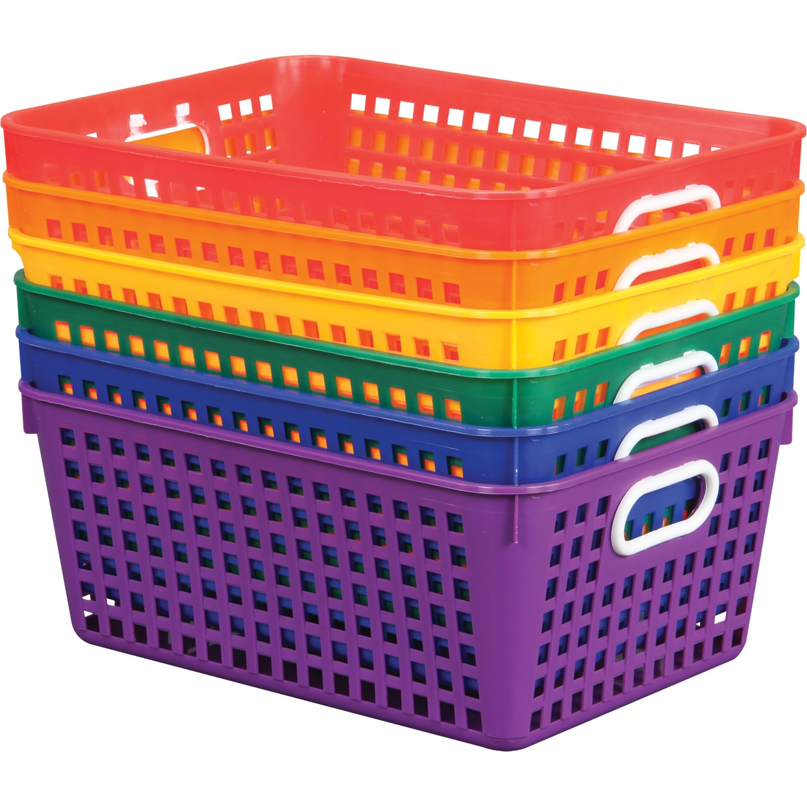Plastic Storage Baskets with Handles - 13” x 10” Rainbow Color Set of 6 - Classroom & Home Organization Bins for Books, Supplies, Paper Trays - Teacher Essentials & Must Haves - Perfect for School, Office & Kids Room Storage