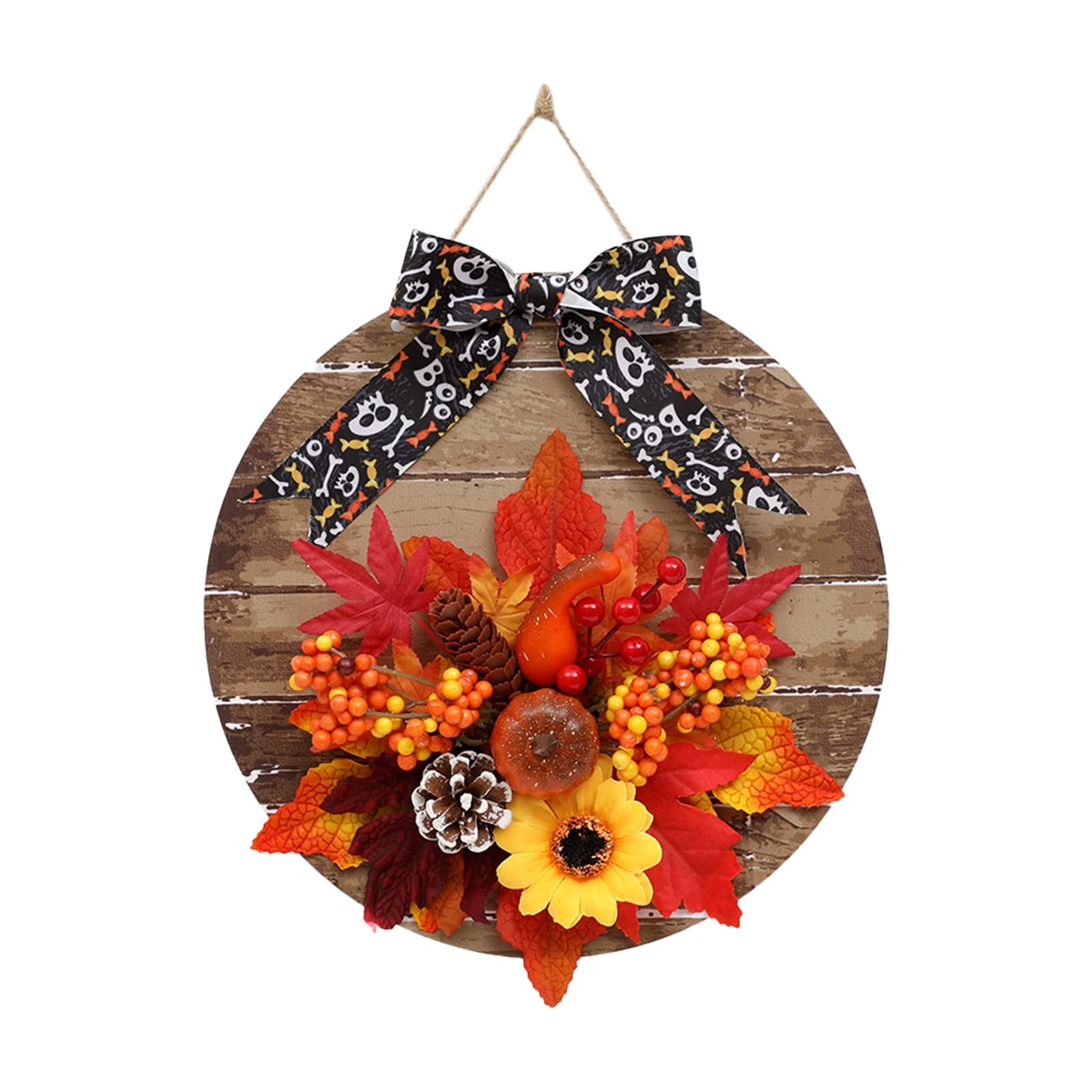 Sunflower Wreath for Halloween & Thanksgiving Decor - Orange Fall Maple Leaf Pumpkin Wall Hanging Bow for Living Room, Front Door, and Seasonal Home Decor