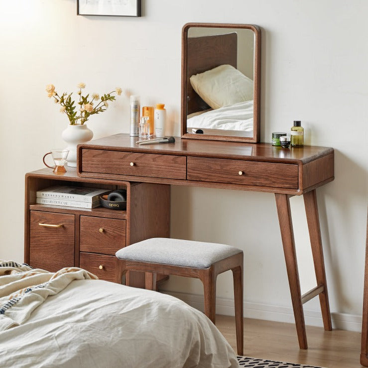 Solid Oak Wood Extendable Dressing Table - Walnut Finish | Elegant Vanity Desk for Bedroom, Makeup Station & Home Decor