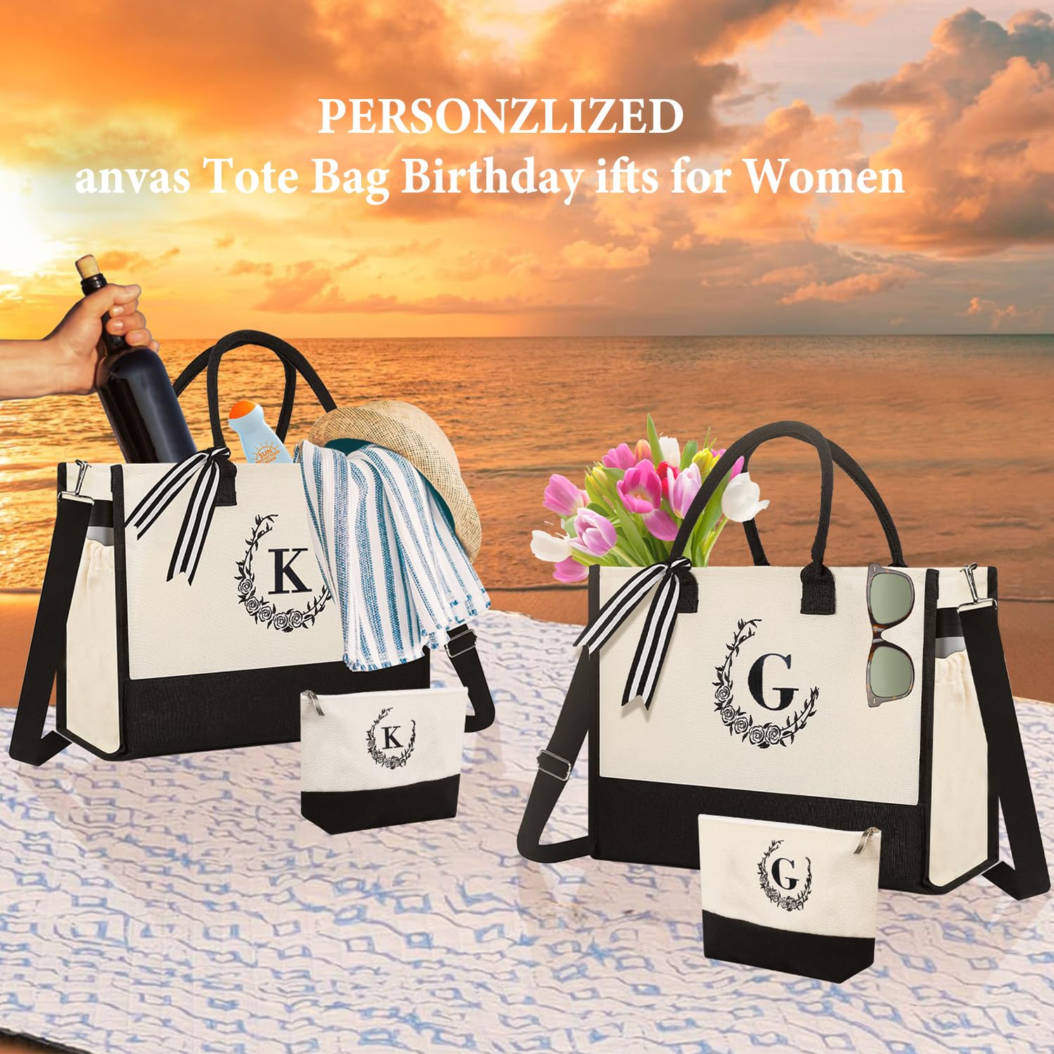 Personalized Floral Monogram Tote Bag with Matching Makeup Pouch - Large Canvas Beach Bag, Travel Tote for Women, Moms & Grandmas - Perfect for Shopping, Vacation & Daily Use