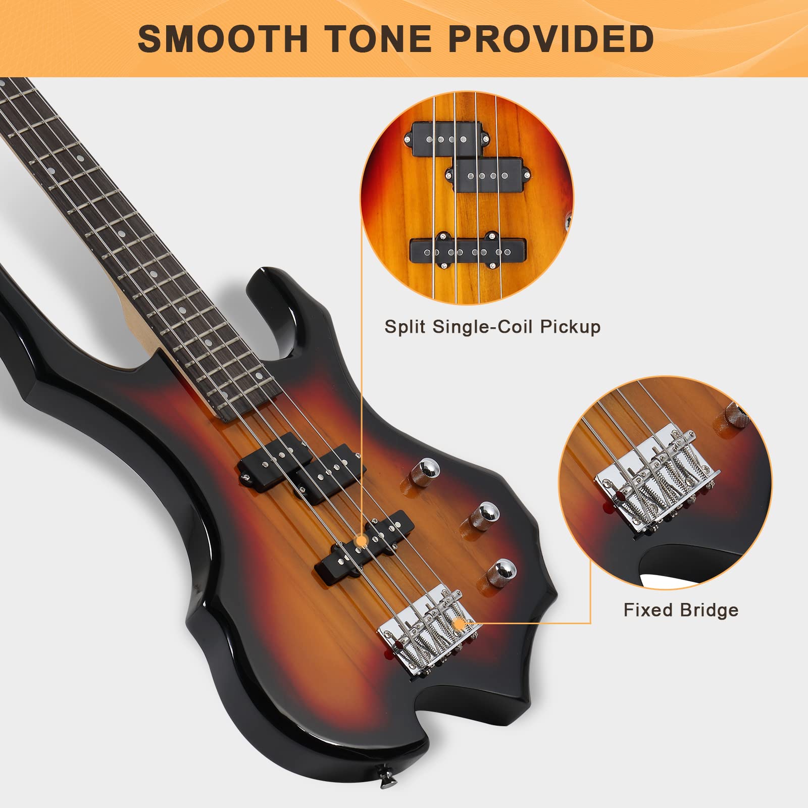 GLARRY 4-String Electric Bass Guitar with Buring Fire Design - Single Coil & Split Coil Pickups for Beginners & Adults (Right Hand) - Includes 20W Amp, Gig Bag, Strap & Cable (Sunburst) - Perfect for Rock, Jazz & Home Practice Sessions