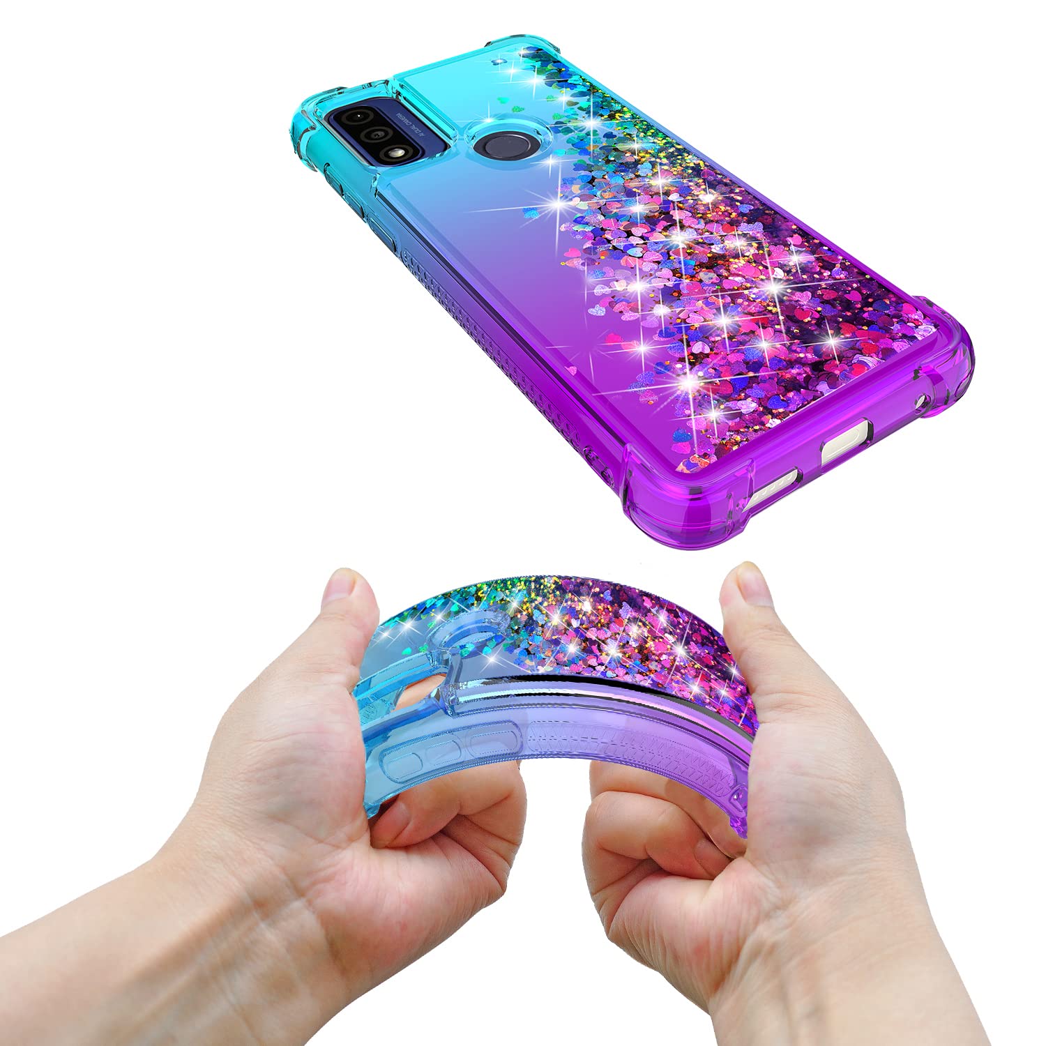 Moto G Play 2023 Case with HD Screen Protector - Gradient Quicksand Glitter Liquid Floating Waterfall Design, Durable Cute Phone Cover for Motorola G Play 2023 (Teal/Purple) | Perfect for Everyday Use, Work, School & Travel Protection