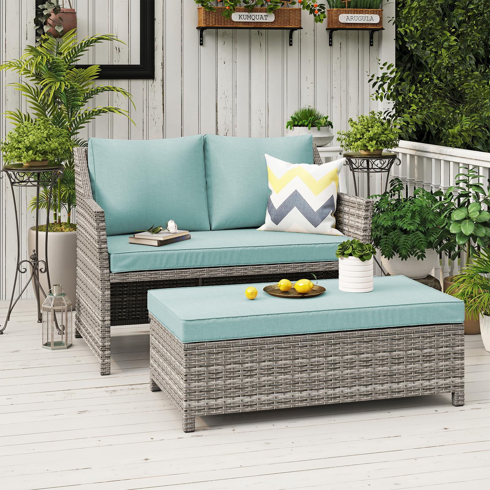 OC Orange-Casual 2-Piece Outdoor Patio Furniture Set - Wicker Loveseat & Coffee Table with Built-in Storage Bin, Grey Rattan & Green Cushions | Perfect for Garden, Backyard, Poolside & Balcony Relaxation