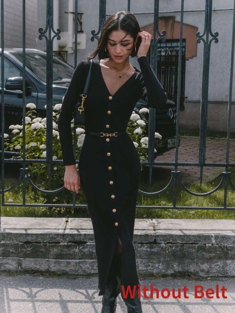 Elegant Long Sleeve Sweater Dress for Women - Single Breasted Knit Maxi Dress for Autumn Winter - Slit Evening Party Dress 2024 | Perfect for Holiday Gatherings, Office Wear & Date Nights