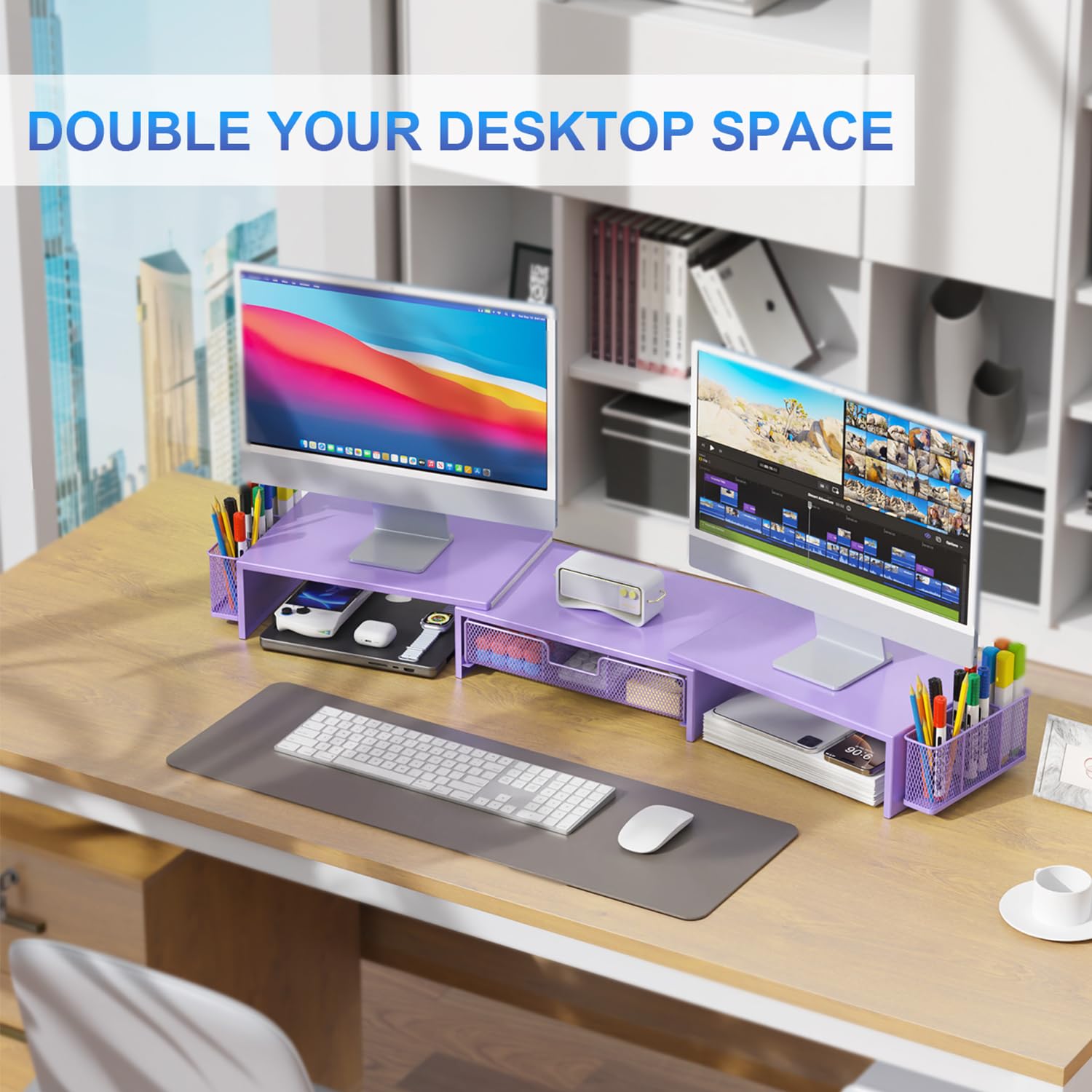 Gianotter Dual Monitor Stand Riser with Drawer & 2 Pen Holders - Purple Desk Organizer for Office & Home Workspace - Perfect for Computer Monitors, Laptops, and Office Supplies Storage
