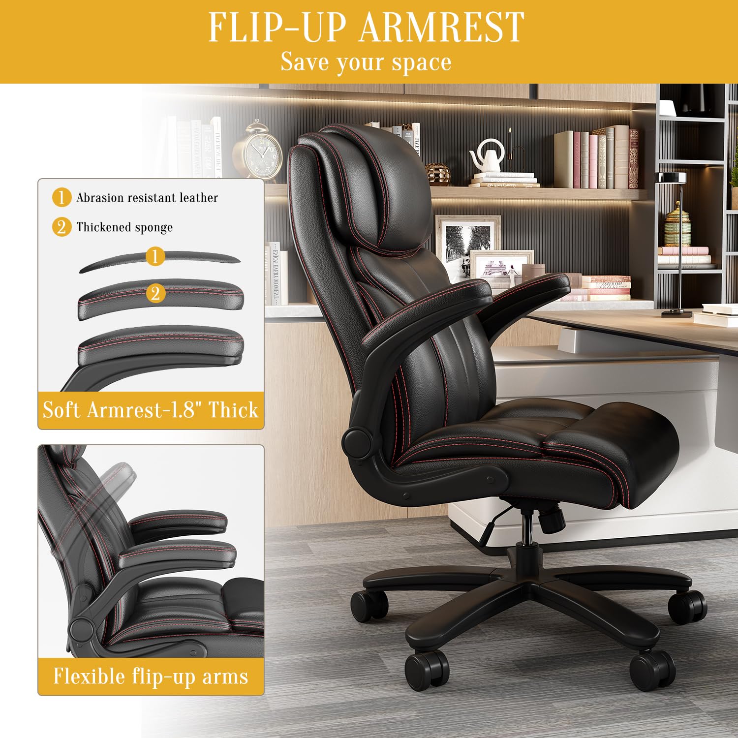 Premium Black Leather Executive Office Chair - High Back Ergonomic Computer Desk Chair with Wheels, Flip-Up Arms & Lumbar Support for Home and Office Use - Perfect for Long Work Hours and Professional Workspaces