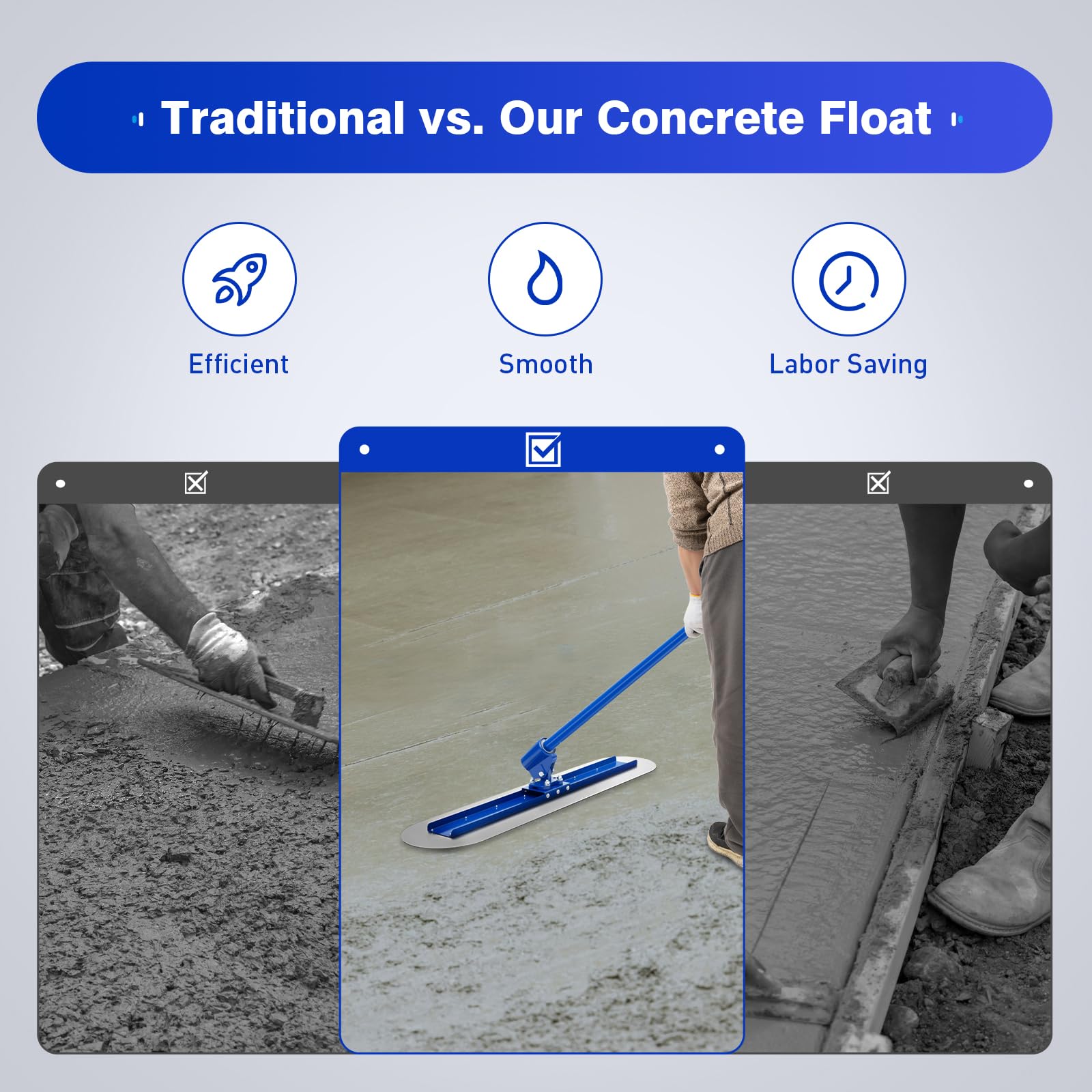 Professional Concrete Trowel & Bull Float Kit - Cement Finishing Tools with 3 Handles & Round End for Smooth Surface - Perfect for DIY Home Projects & Industrial Construction Work