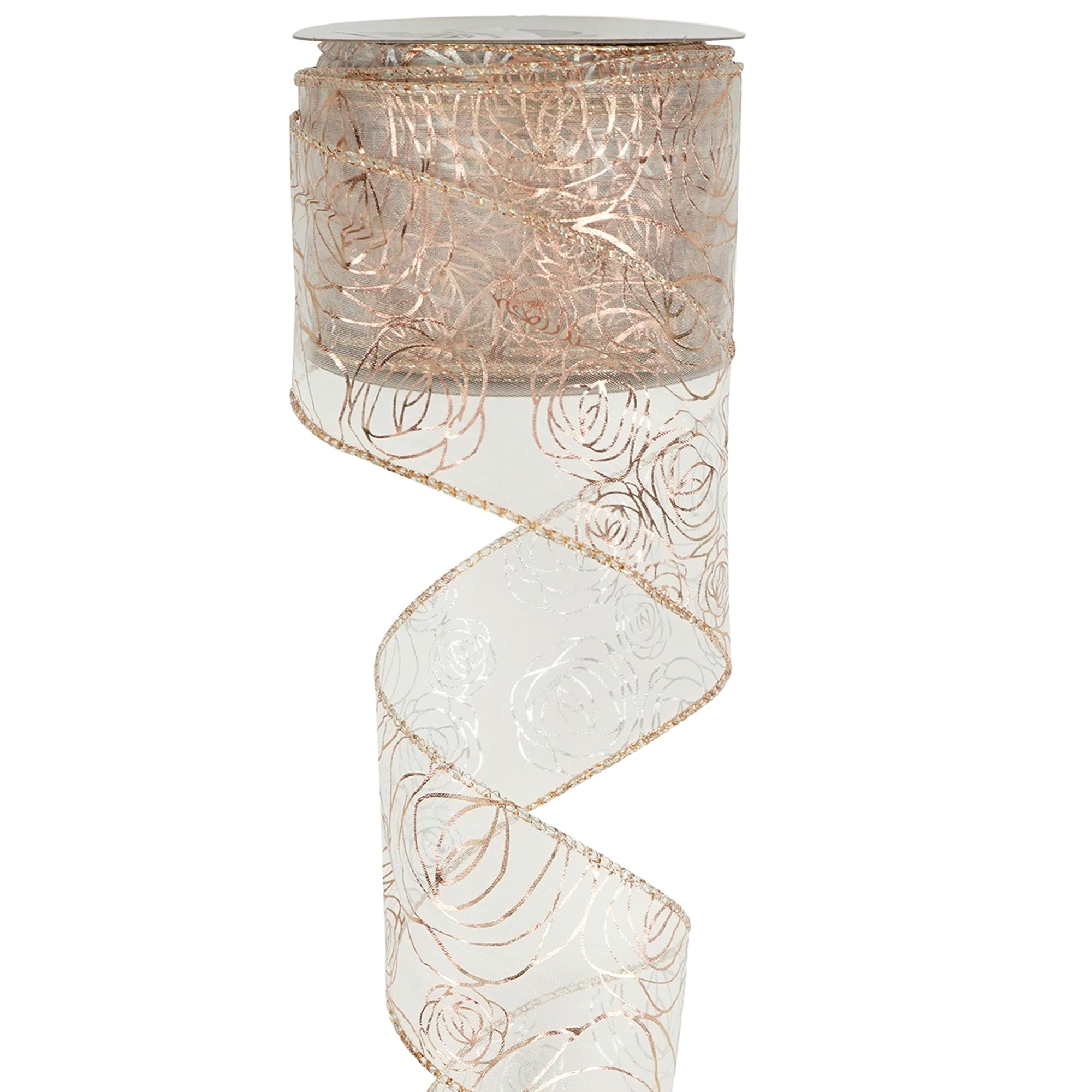 MEEDEE Floral Rose Wired 2.5 Inch Rose Gold Organza Sheer Ribbon - 25 Yards Roll for Wedding Bouquets, Crafts, Valentine Bow Making, Gift Wrapping & Home Decor (Pink) - Perfect for DIY Projects, Party Decorations & Bridal Accessories
