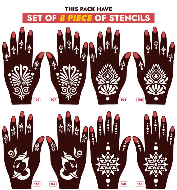 APCUTE 8-Piece Henna Stencil Kit for Hands - Reusable Mehandi Design Stickers for Women, Girls & Kids | Quick & Easy Temporary Tattoo Art | Perfect for Weddings, Festivals & DIY Body Art