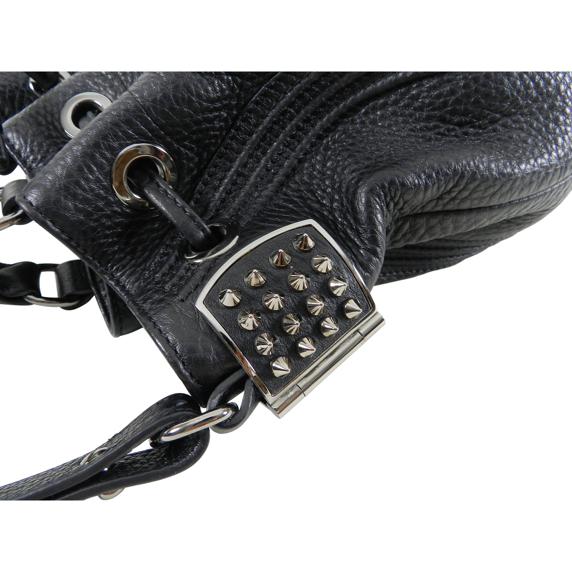Christian Louboutin Black Leather Studded Drawstring Handbag - Stylish Crossbody Purse for Women, Perfect for Parties & Night Out
