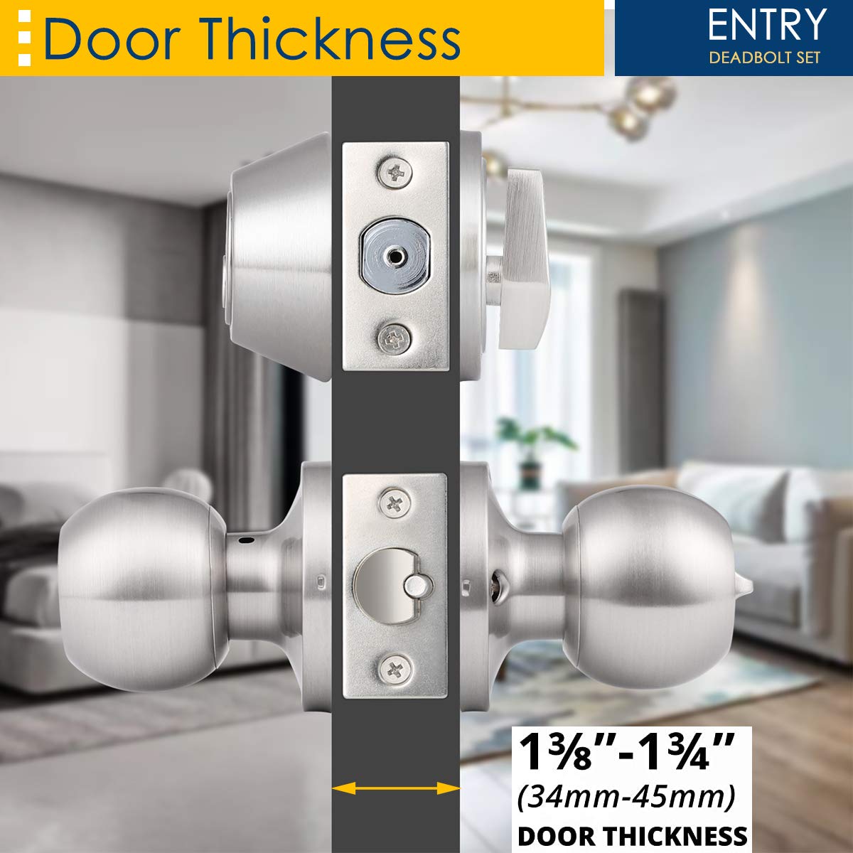2 Pack Keyed Alike Door Knob & Deadbolt Set - Satin Nickel Finish for Home Security