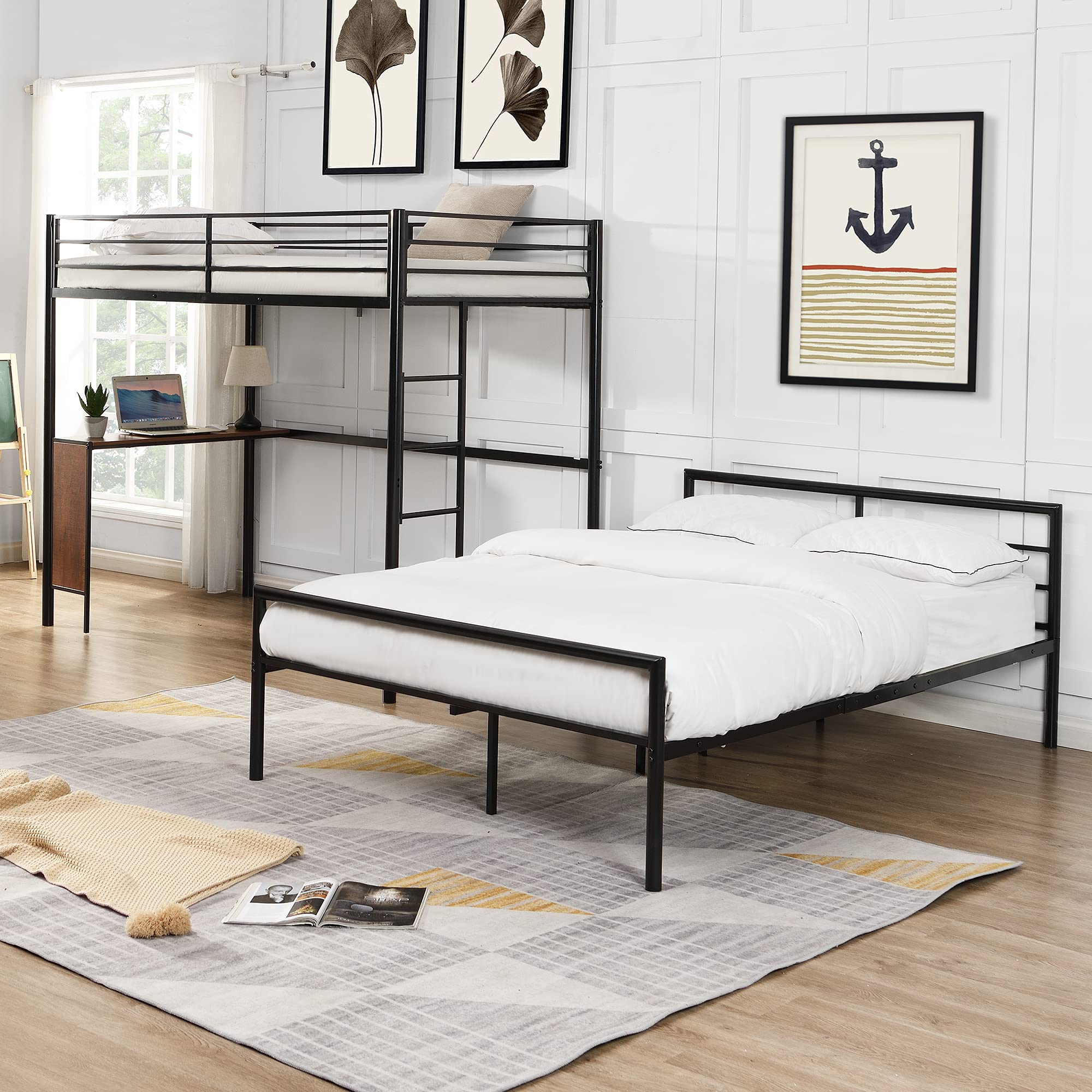 Metal Bunk Bed with Built-in Desk | Twin Over Full Bunk Bed Frame | Guardrail & Flat Step Ladder | Convertible to Separate Loft & Platform Bed (Black) - Space-Saving Solution for Kids' Bedrooms, Dorms & Small Apartments