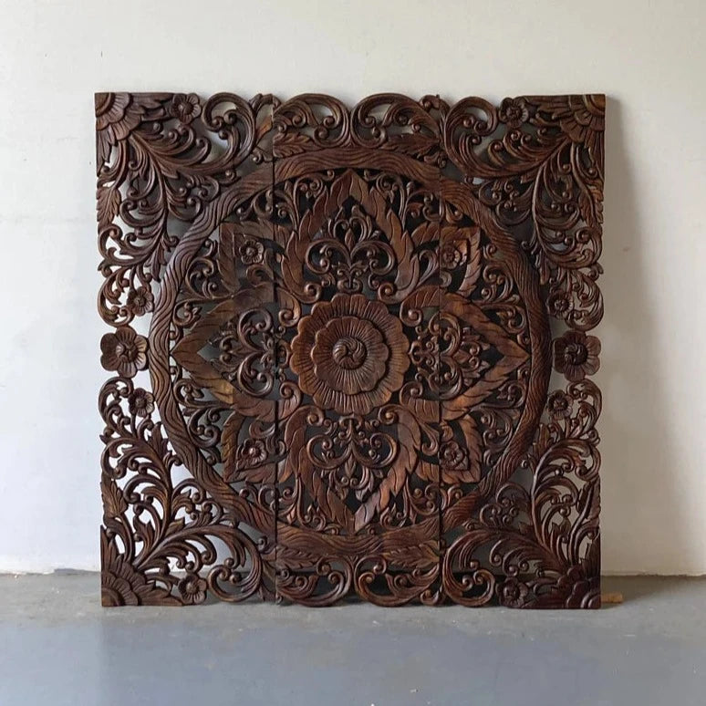 Hand Carved Reclaimed Wood Wall Art Panel - Dark Brown Wooden Hanging Decor for Living Room, Bedroom & Boho Home Decor