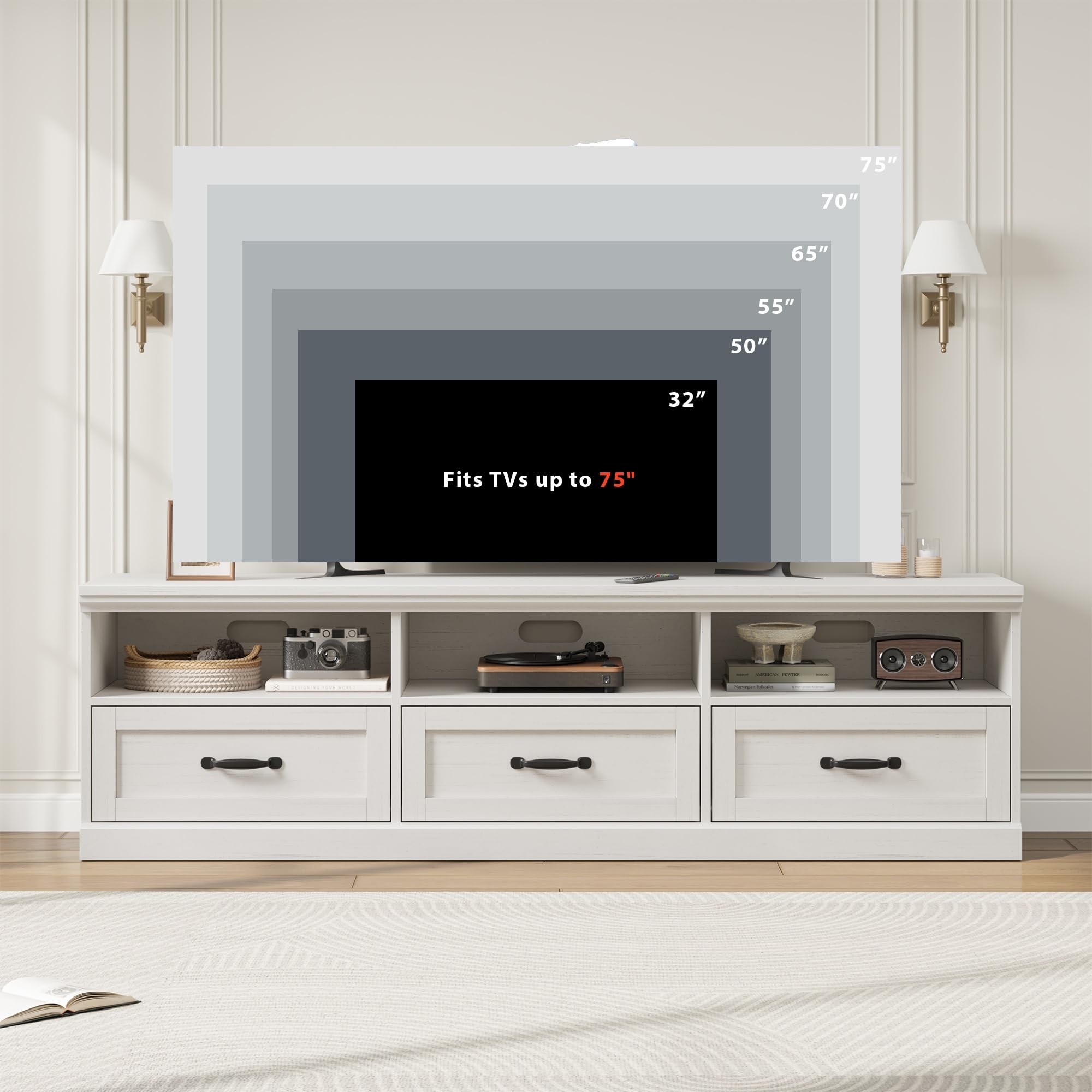 Mid-Century Modern TV Stand for 75 Inch TV - Wood Entertainment Center with Storage Drawer & Open Shelves - 70