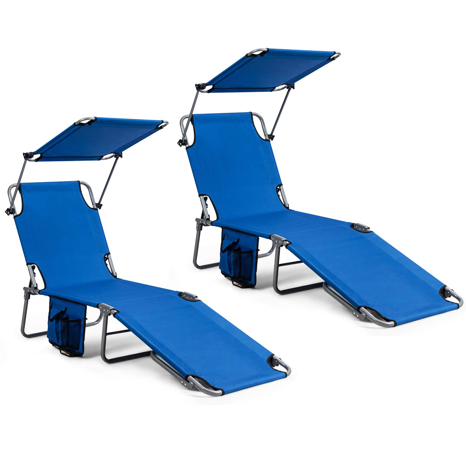 Giantex Adjustable Tanning Chair with Canopy & Storage - 5-Position Patio Chaise Lounge, Foldable Beach Chair for Poolside, Lawn, Camping & Outdoor Sunbathing (Navy, 2-Pack) - Perfect for Backyard Relaxation, Vacation Getaways & Beach Trips