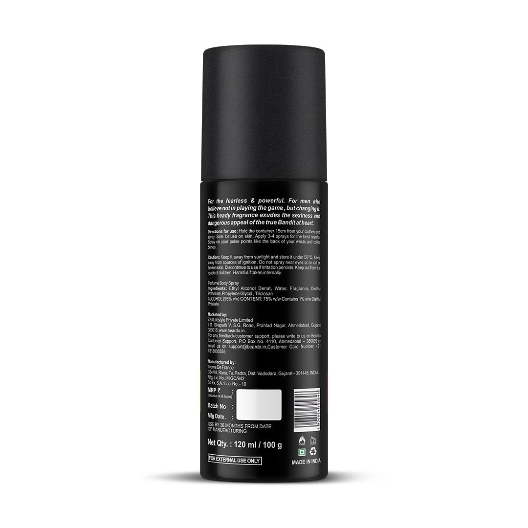 Beardo Perfume Body Spray for Men - BANDIT, 120ml | Long Lasting Alcohol-Free Deodorant with Bergamot, Oakmoss & Tonka Bean Fragrance | Gift for Him, Christmas, Birthday & Special Occasions | Perfect for Work, Gym & Everyday Use