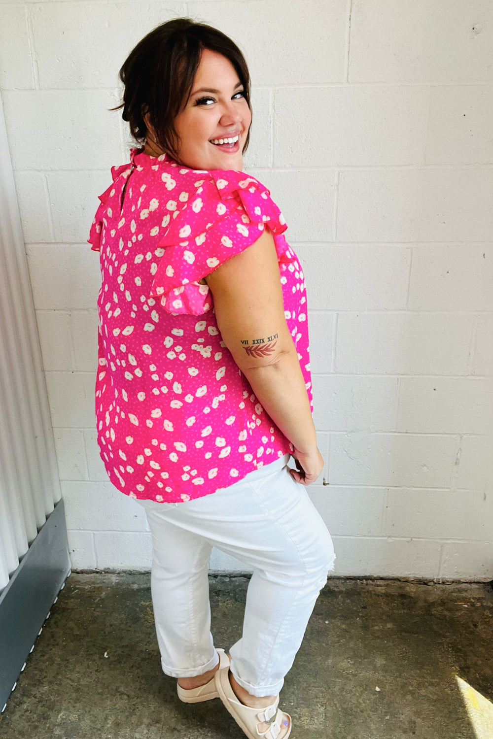 Stylish Hot Pink Floral Print Mock Neck Blouse with Double Flutter Sleeves - Perfect for Spring Outfits, Date Nights & Office Wear