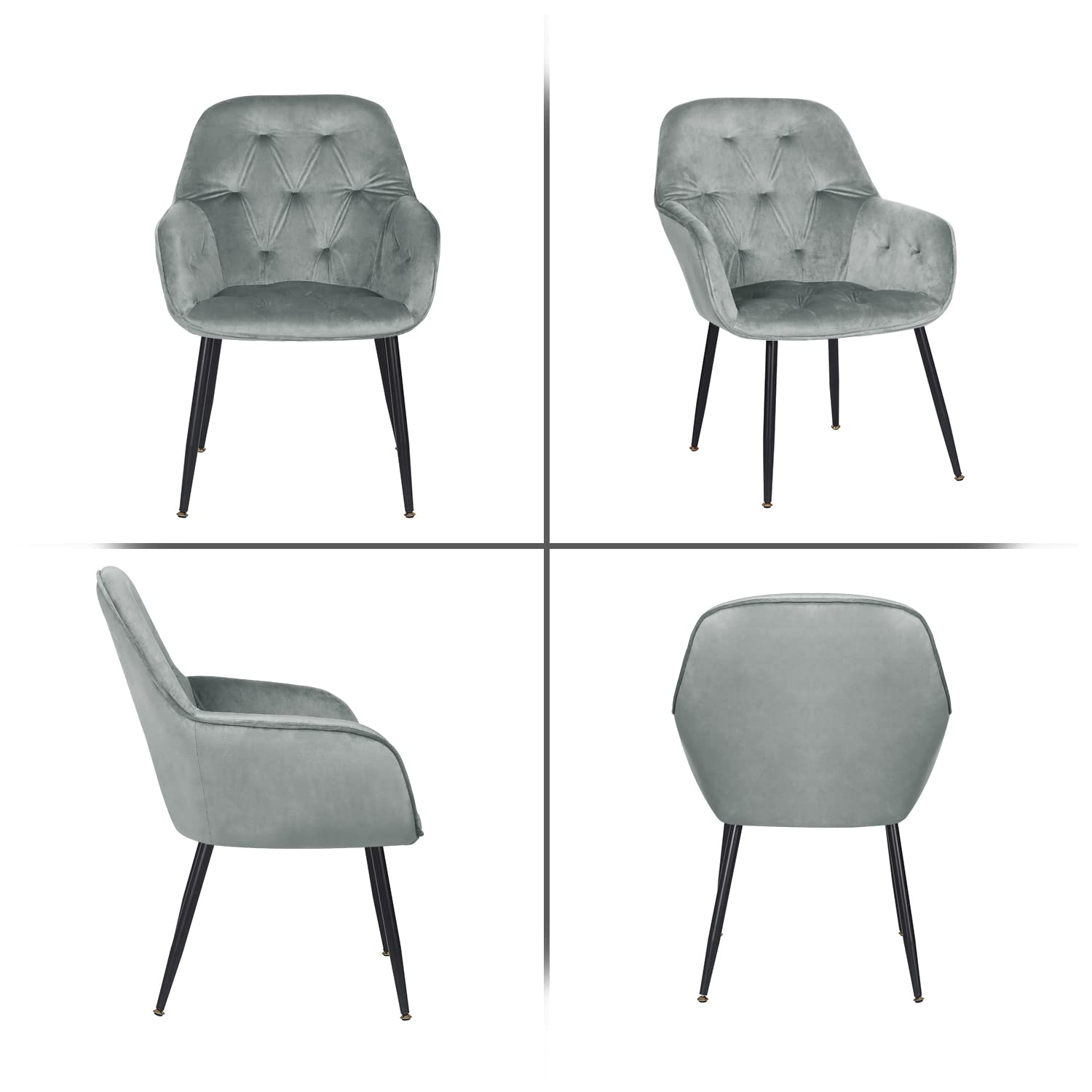Velvet Dining Chairs Set of 2 - Mid Back Tufted Accent Arm Chairs with Black Metal Legs - Modern Upholstered Leisure Chairs for Living Room, Home Office, Dining Room & Desk (Grey) - Perfect for Small Spaces, Apartments and Cozy Reading Nooks