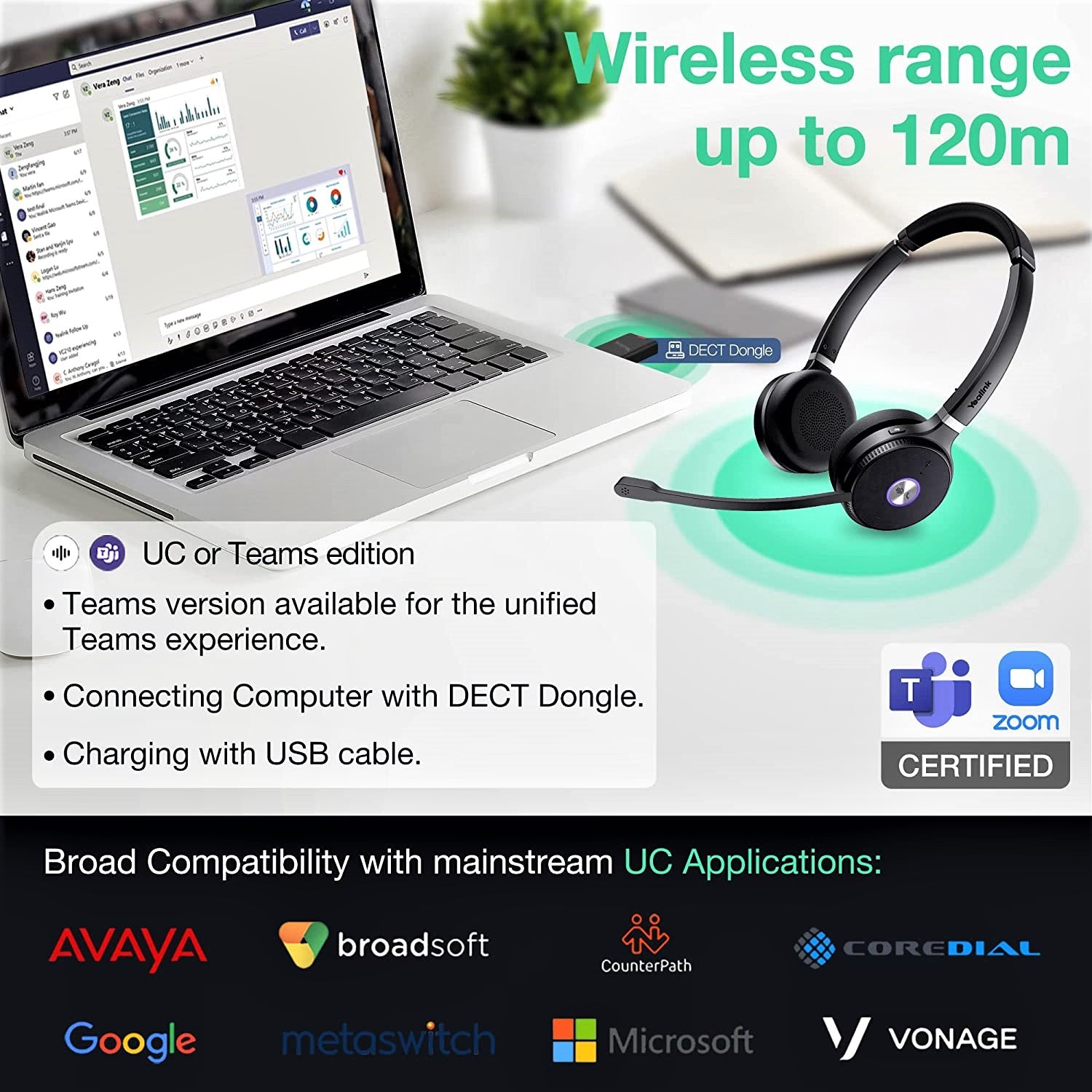 Yealink WH62 Wireless Headset - Dual/Mono DECT Portable Headphones for Office, Call Center & Remote Work | Noise Cancelling Mic, Comfortable Ear Cushions, Long Battery Life